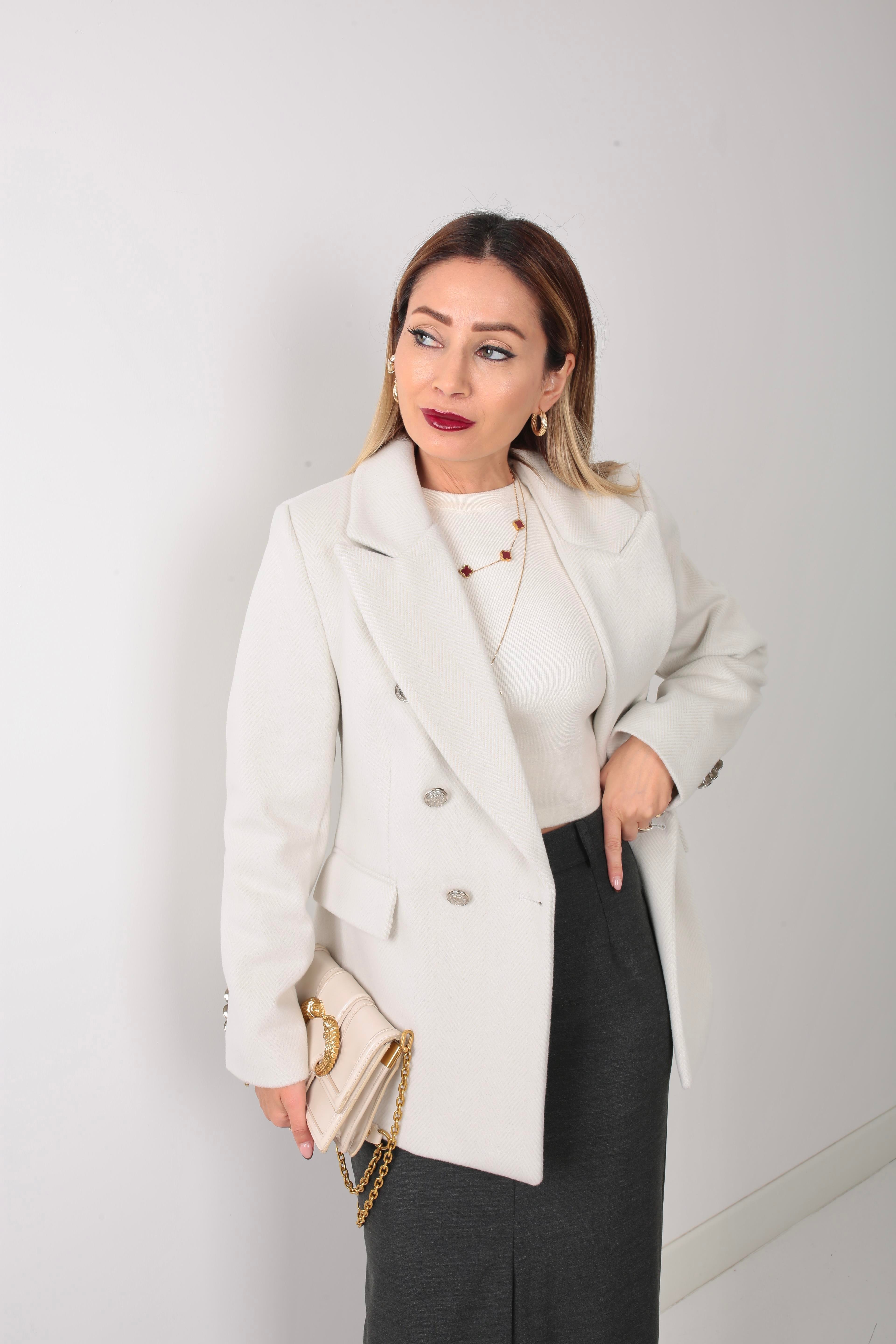 Ekru Desenli Metal Düğmeli Kaşe Ceket CEKET