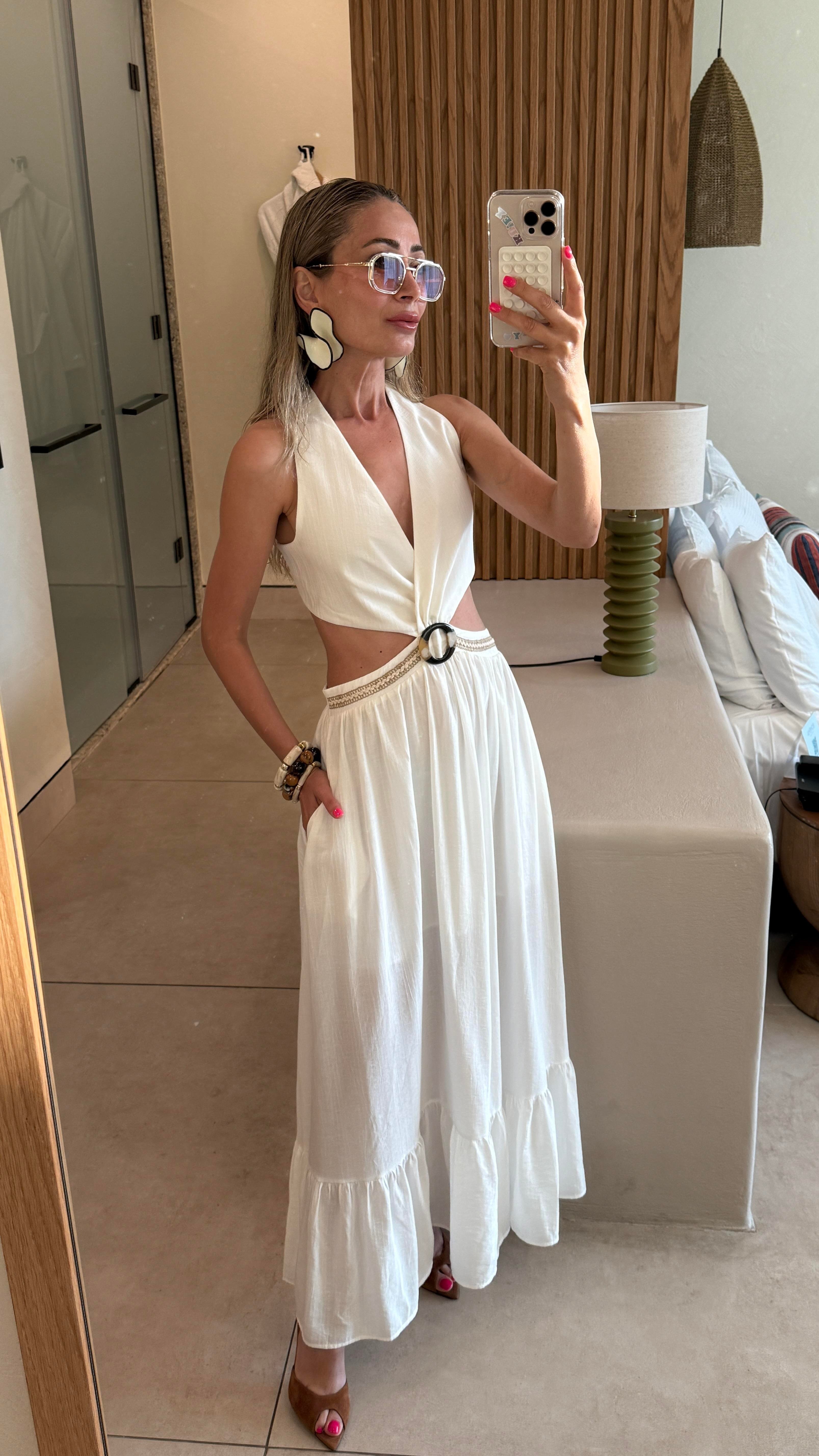 Ekru Eteği Fırfırlı Dekolteli Elbise ELBİSE | NO33