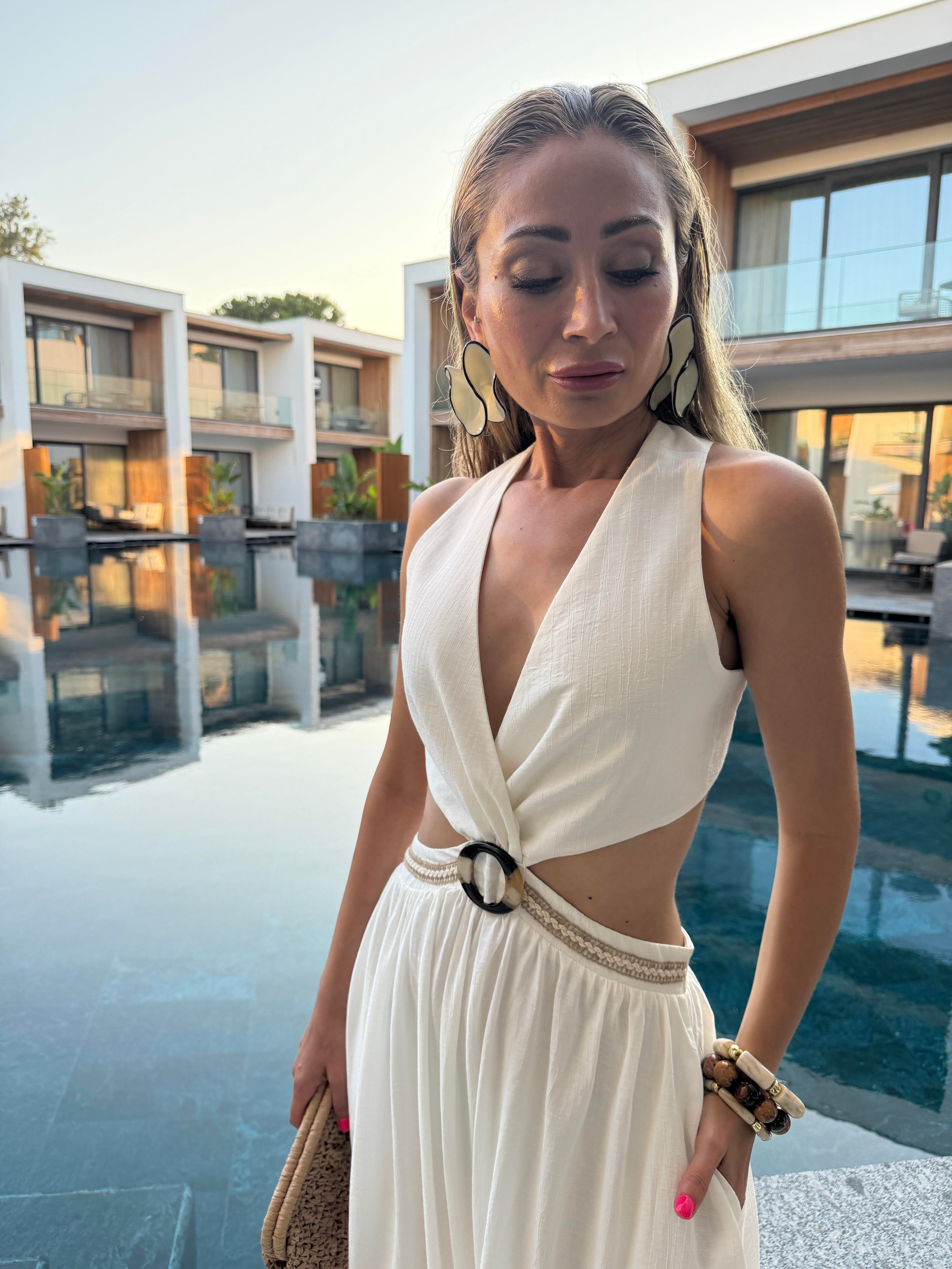 Ekru Eteği Fırfırlı Dekolteli Elbise ELBİSE | NO33