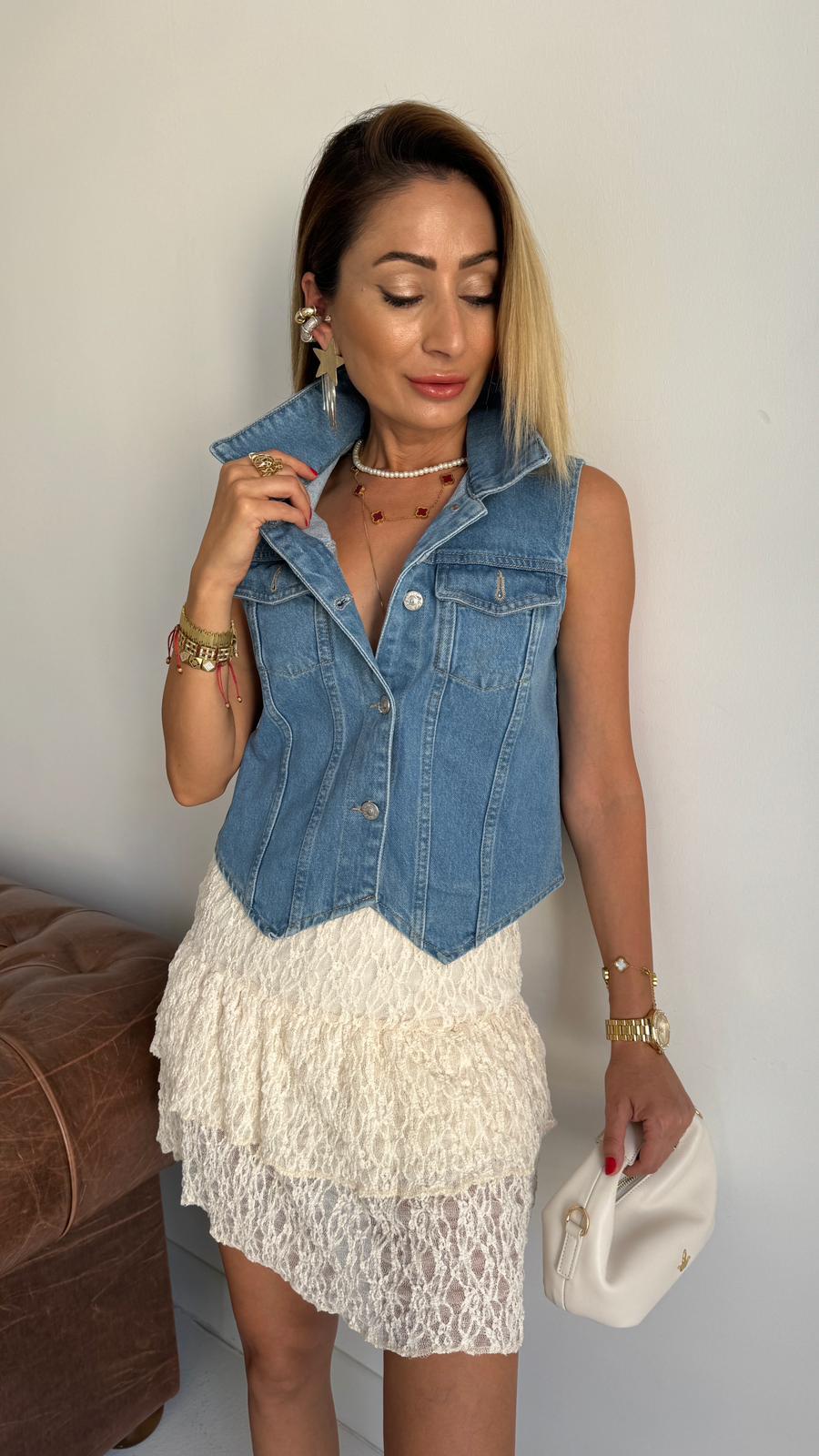 Ekru Katlı Kısa Dantel Etek ETEK