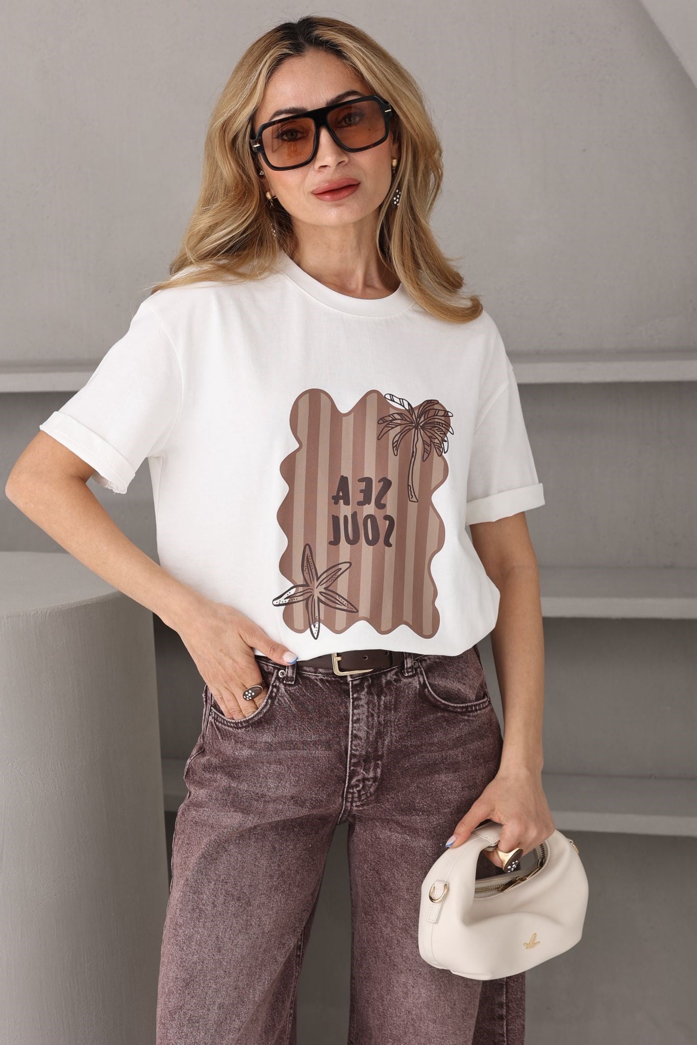 Ekru Palmiye Baskılı Basic Tshirt T-SHİRT | NO33