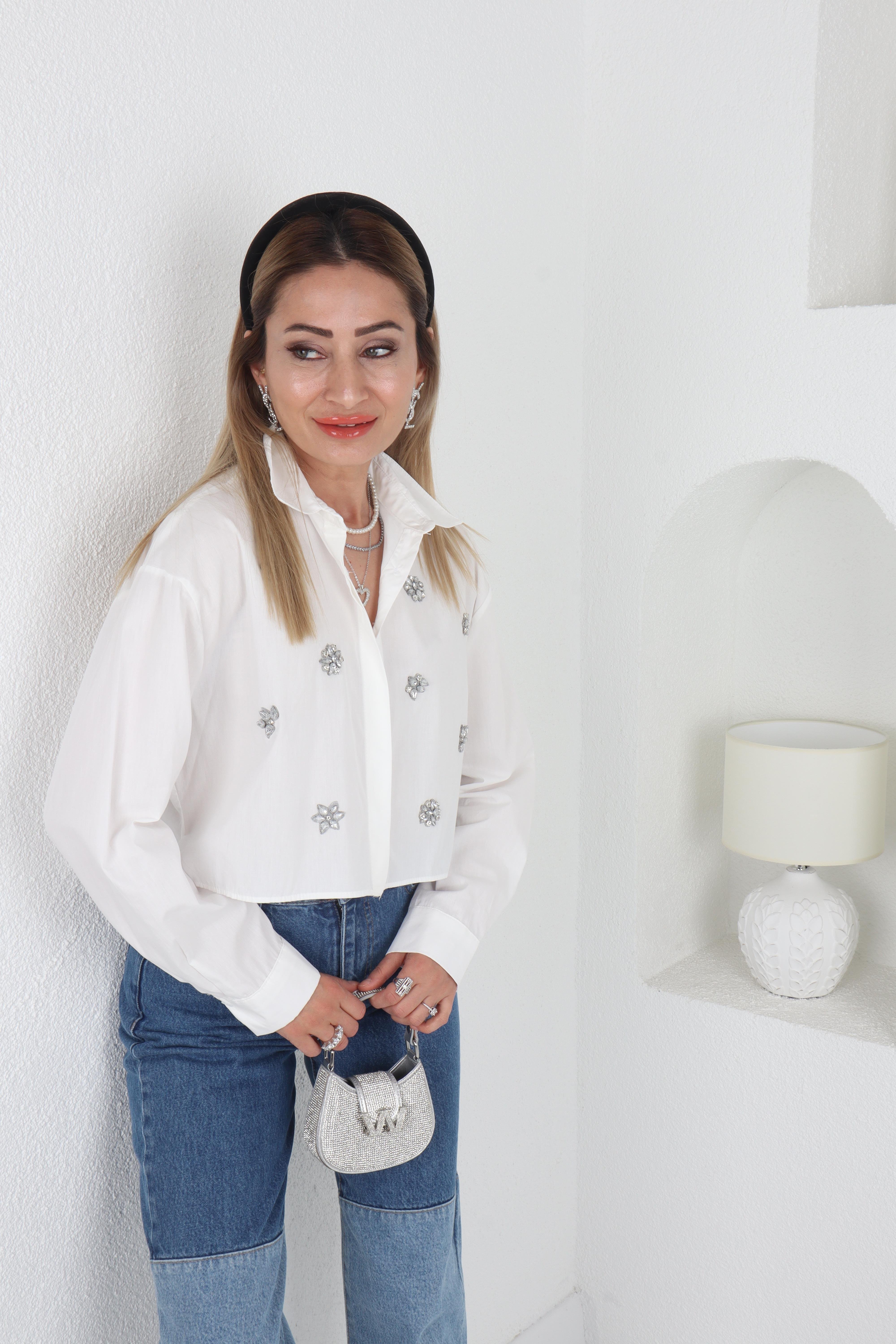 Ekru Taşlı Crop Gömlek GÖMLEK