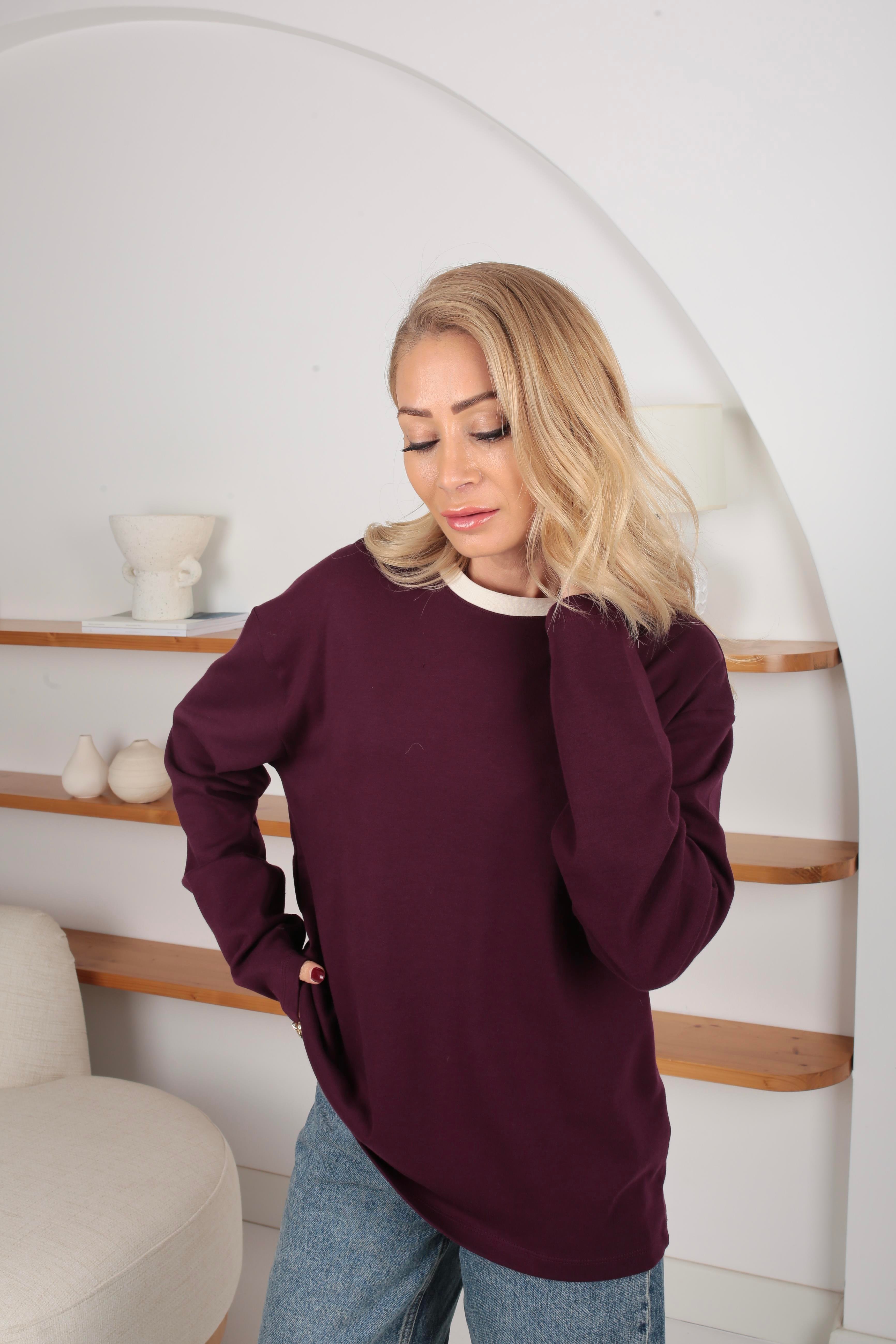 Ekru Yaka Biyeli Bordo Oversize İnce Sweatshirt SWEATSHİRT