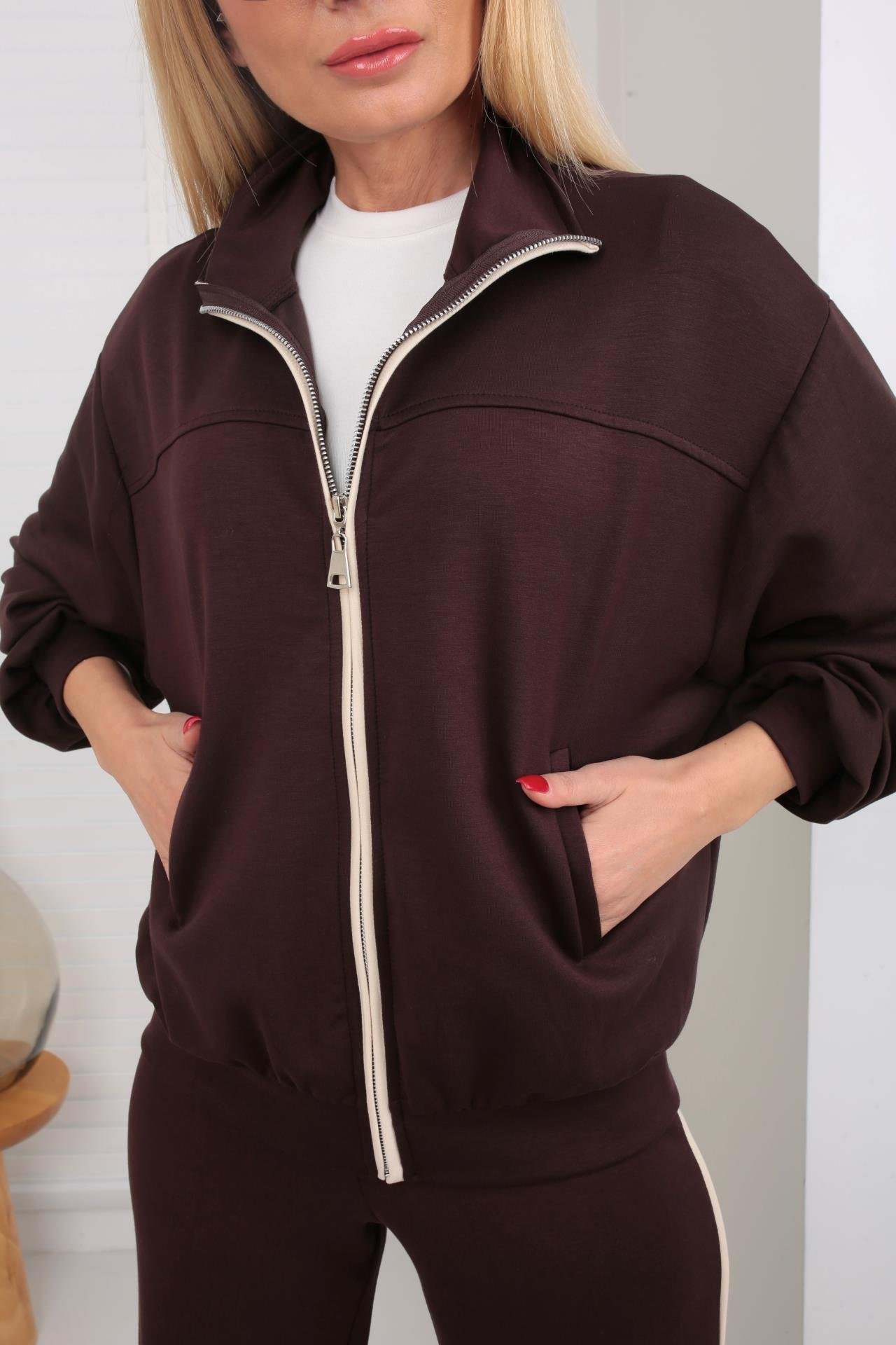 Fermuarlı Yanı Şeritli Kahve Spor Takım SPOR TAKIMLAR