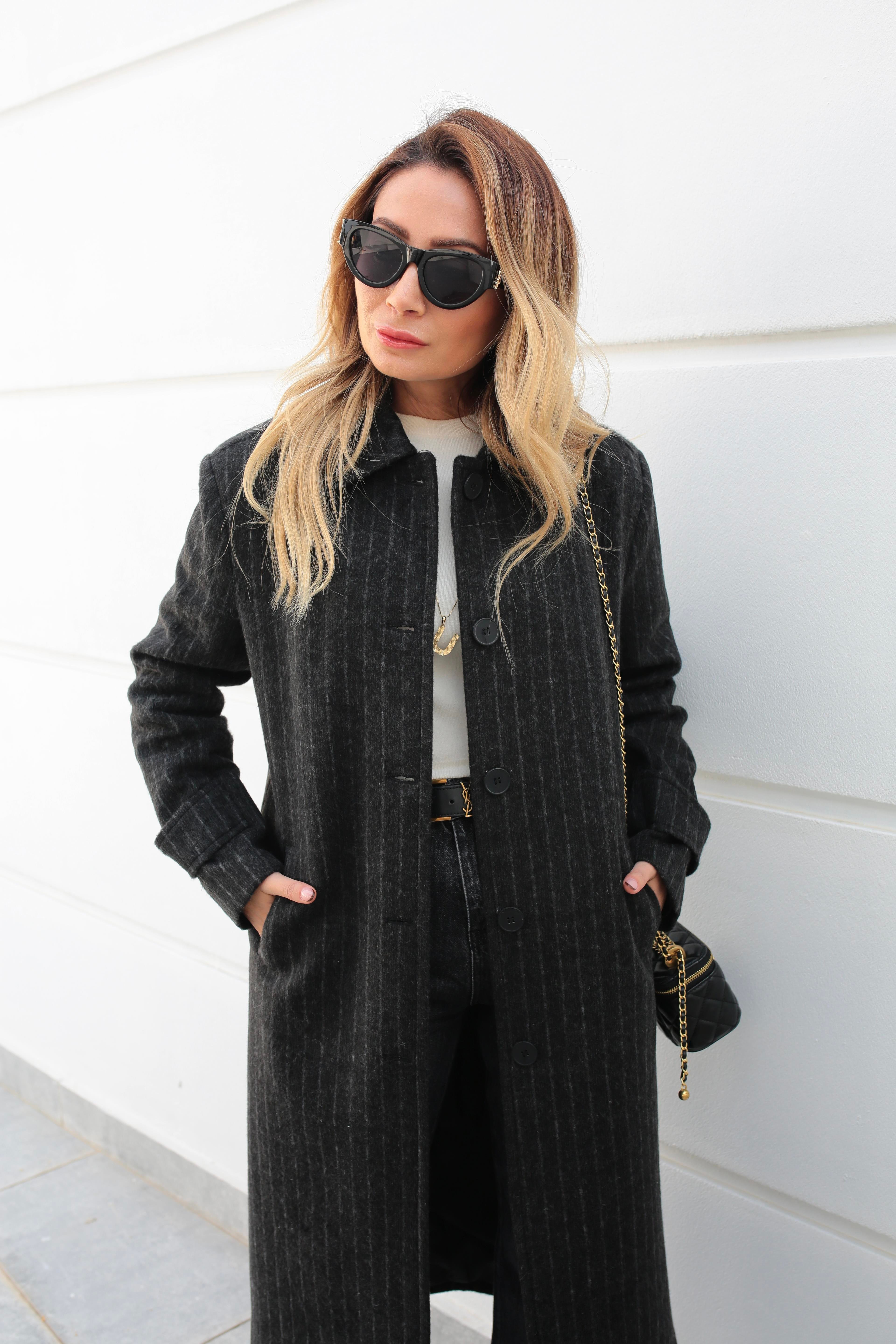 Füme Çizgili Üç Düğmeli Uzun Kaşe Kaban KABAN