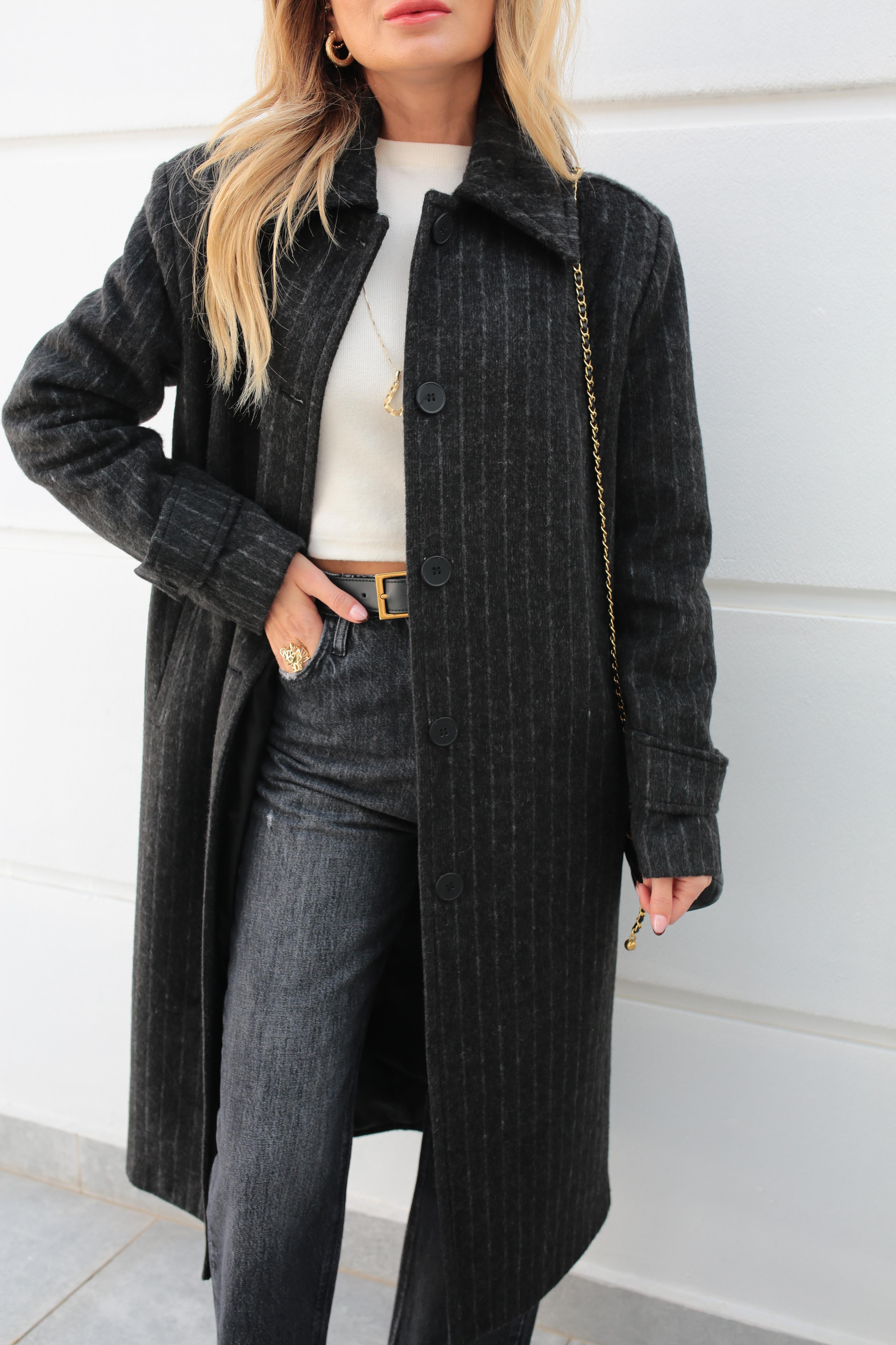 Füme Çizgili Üç Düğmeli Uzun Kaşe Kaban KABAN