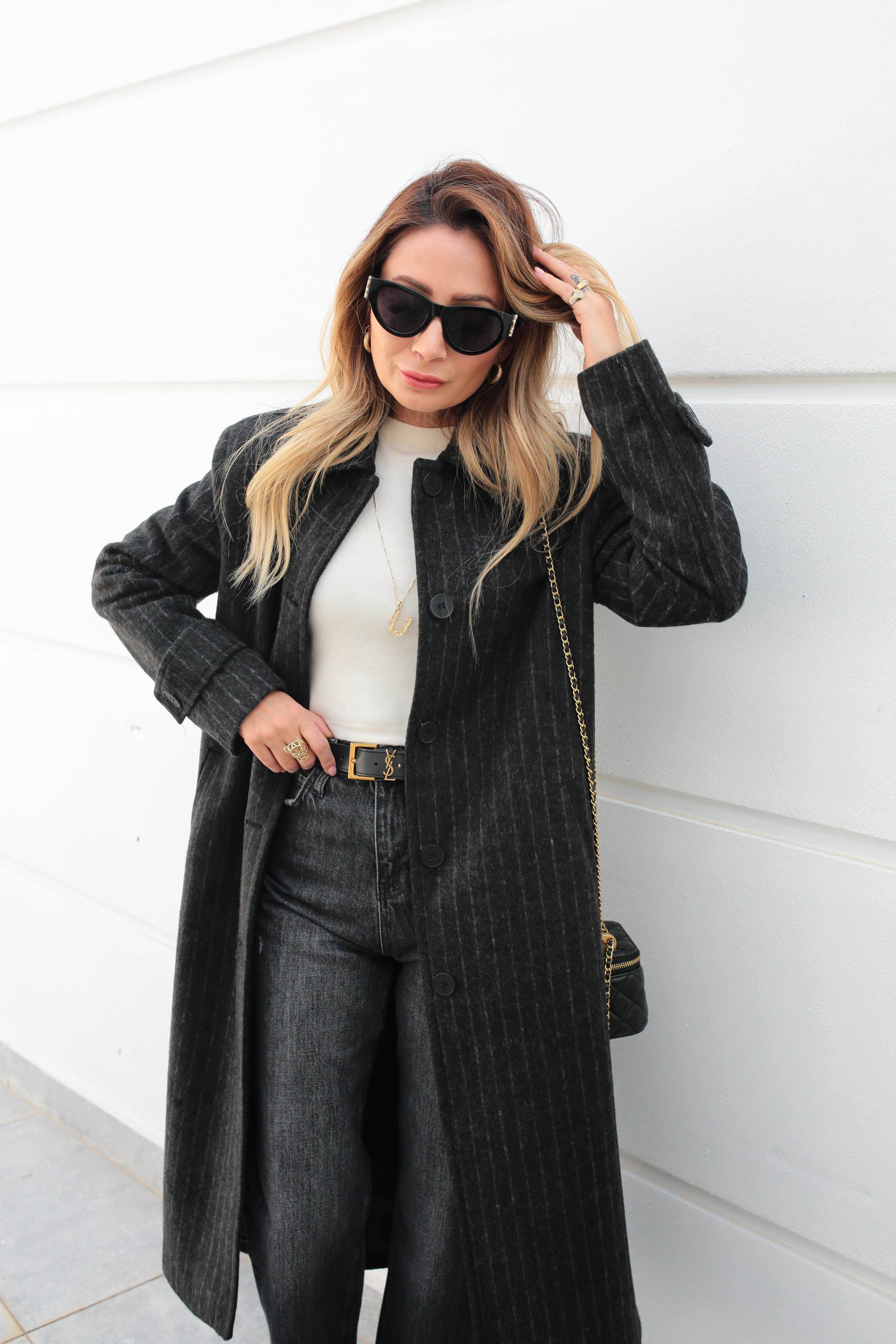 Füme Çizgili Üç Düğmeli Uzun Kaşe Kaban KABAN