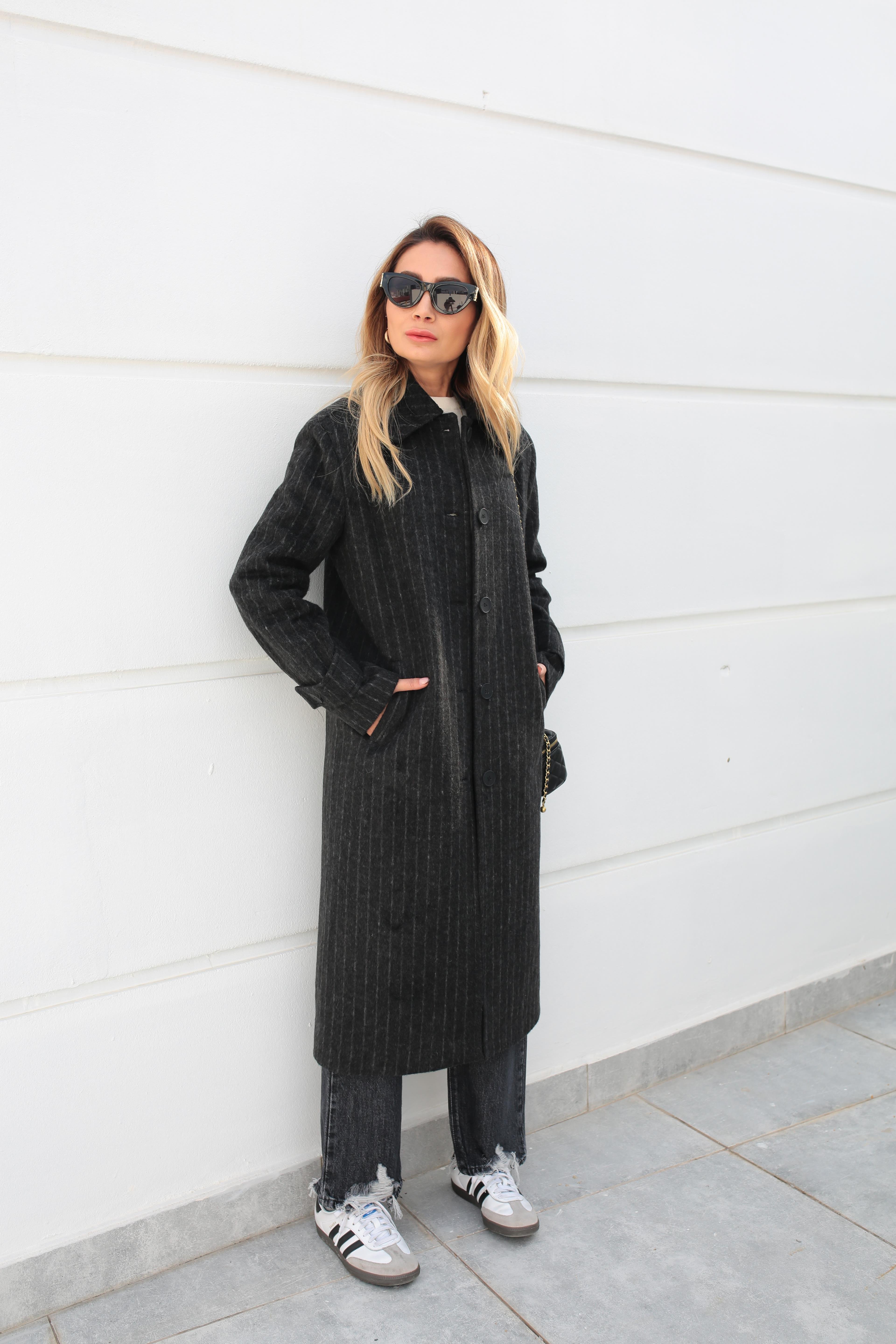 Füme Çizgili Üç Düğmeli Uzun Kaşe Kaban KABAN