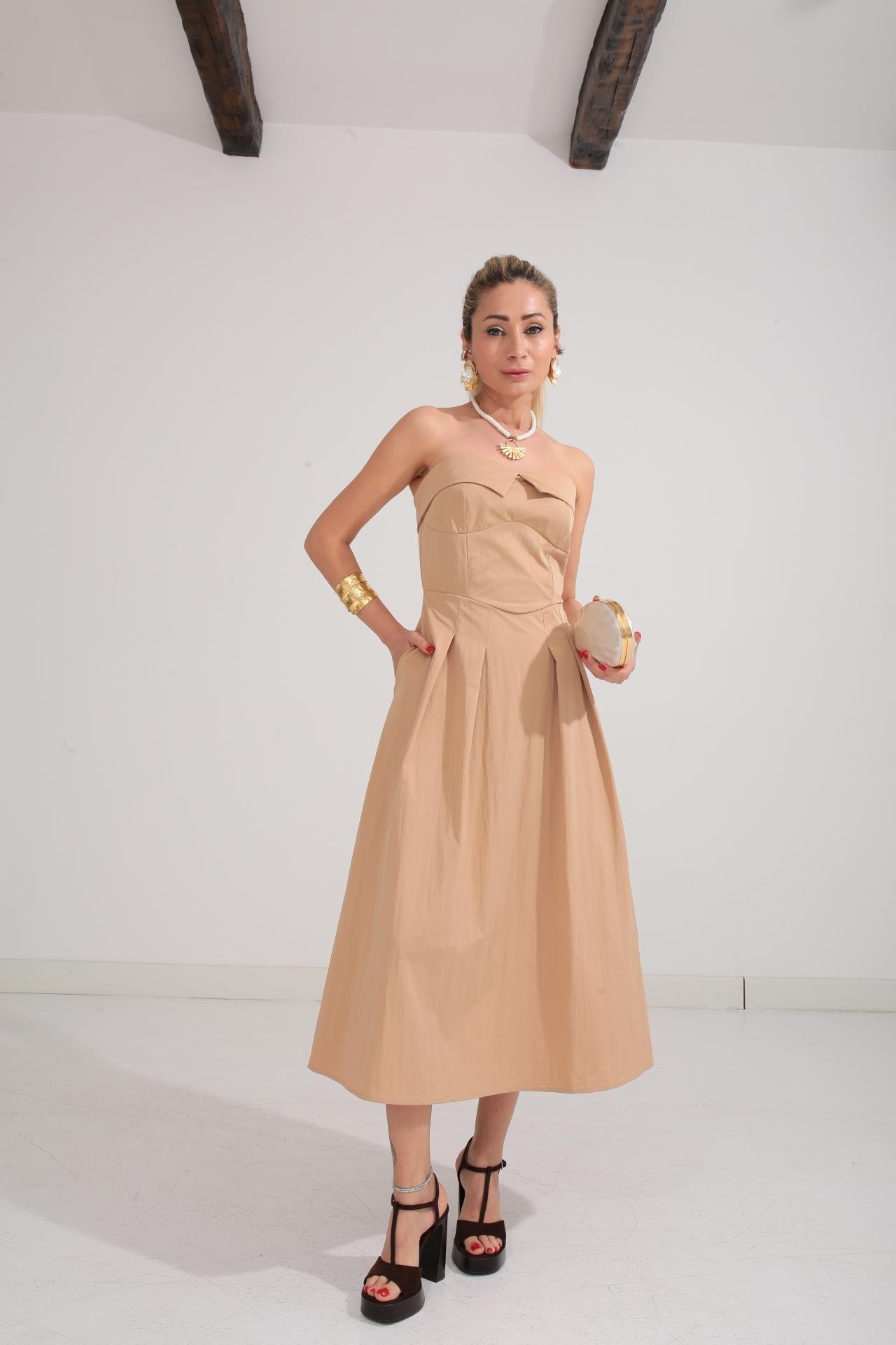 Garnili Vatkalı Tshirt Detay Camel Elbise ELBİSE | NO33