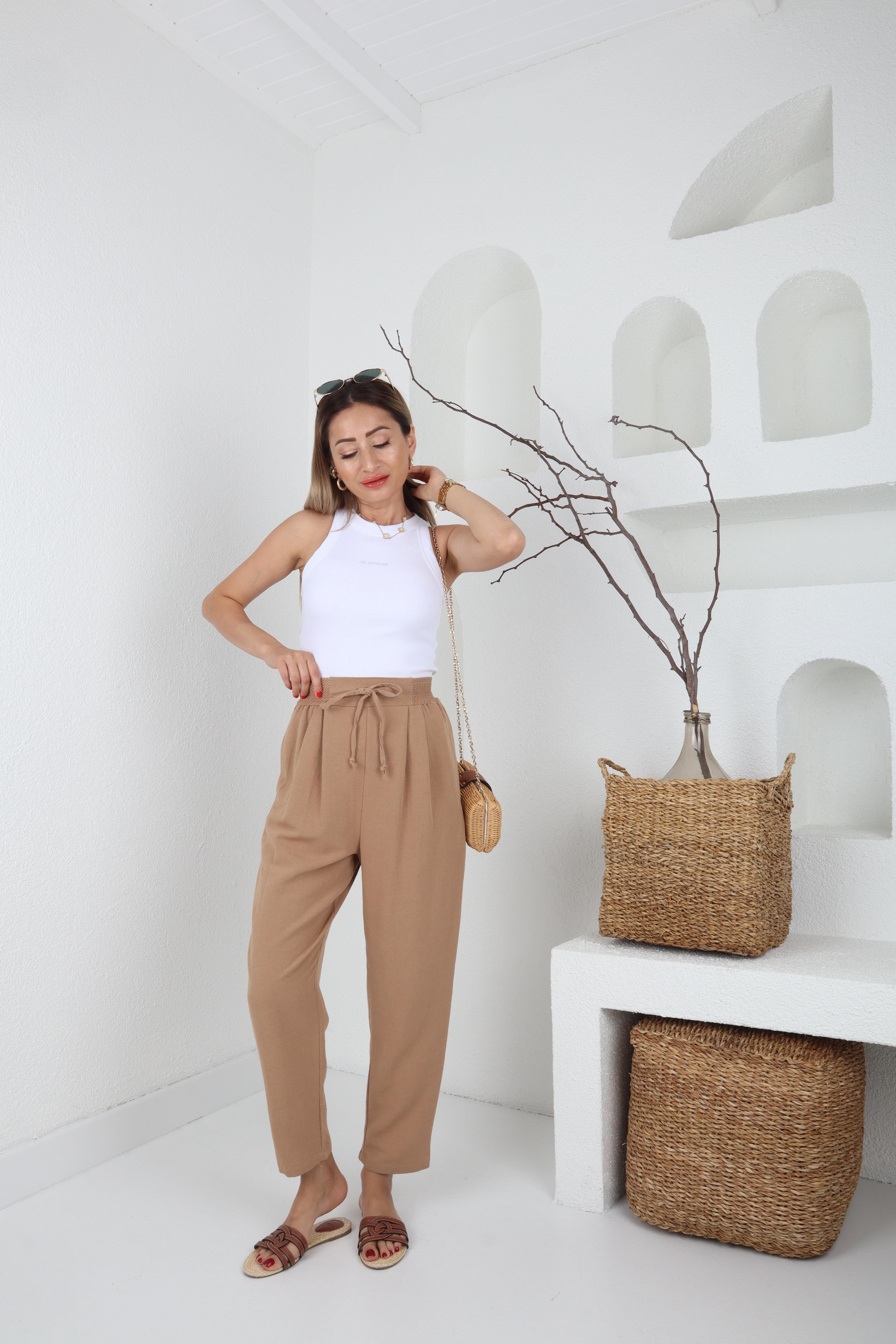 Geniş Lastik Detay Camel Keten Pantolon PANTOLON