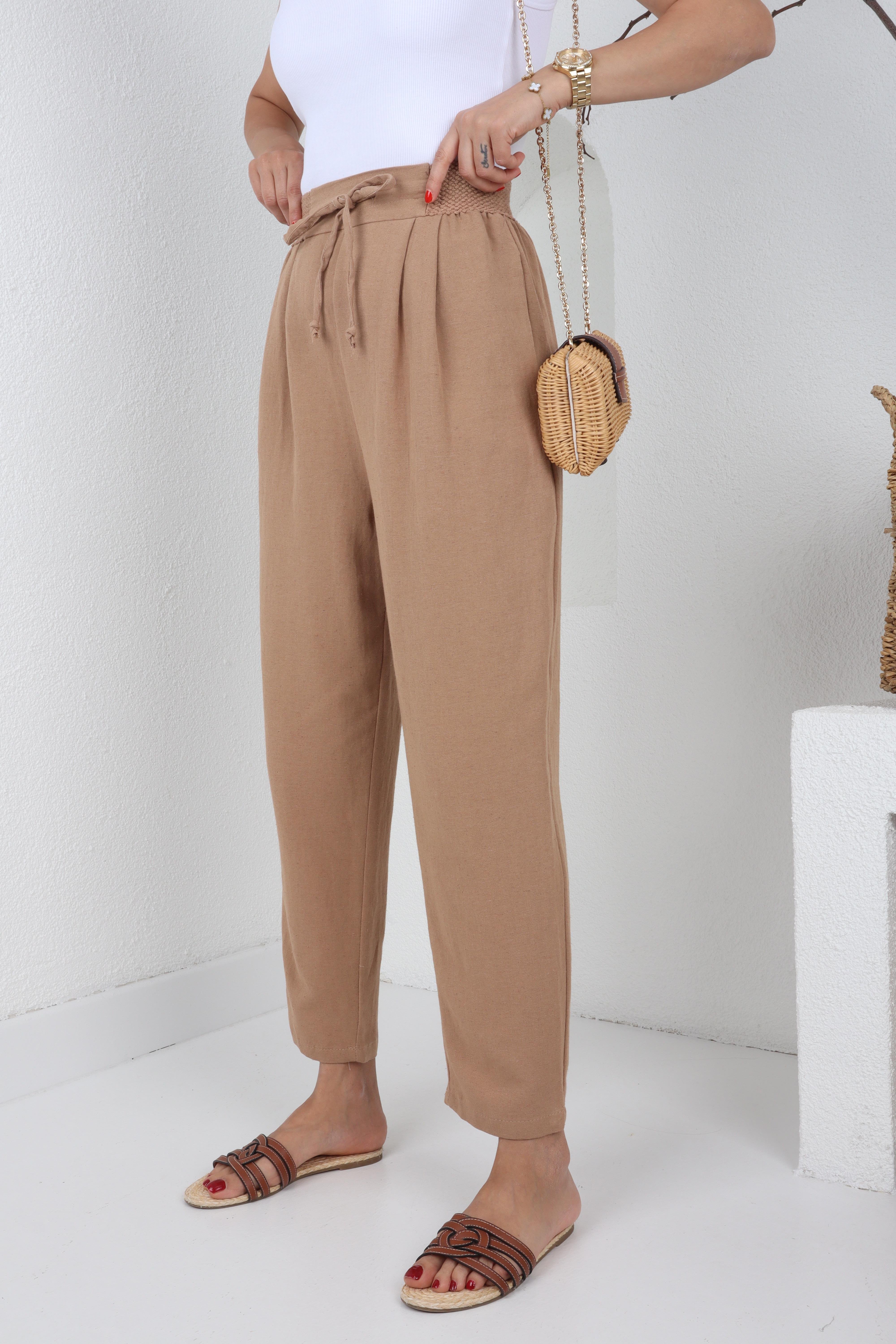 Geniş Lastik Detay Camel Keten Pantolon PANTOLON