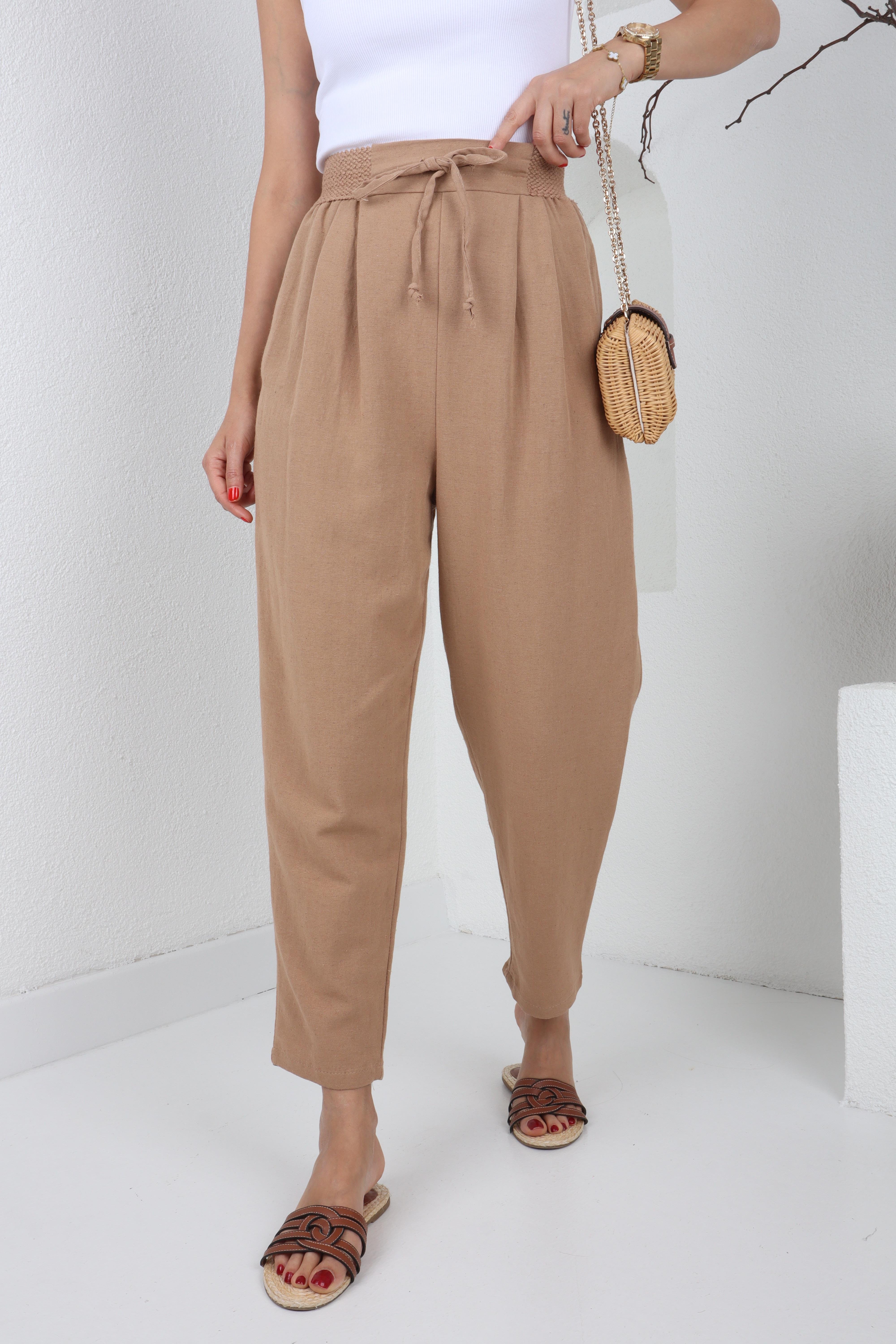 Geniş Lastik Detay Camel Keten Pantolon PANTOLON