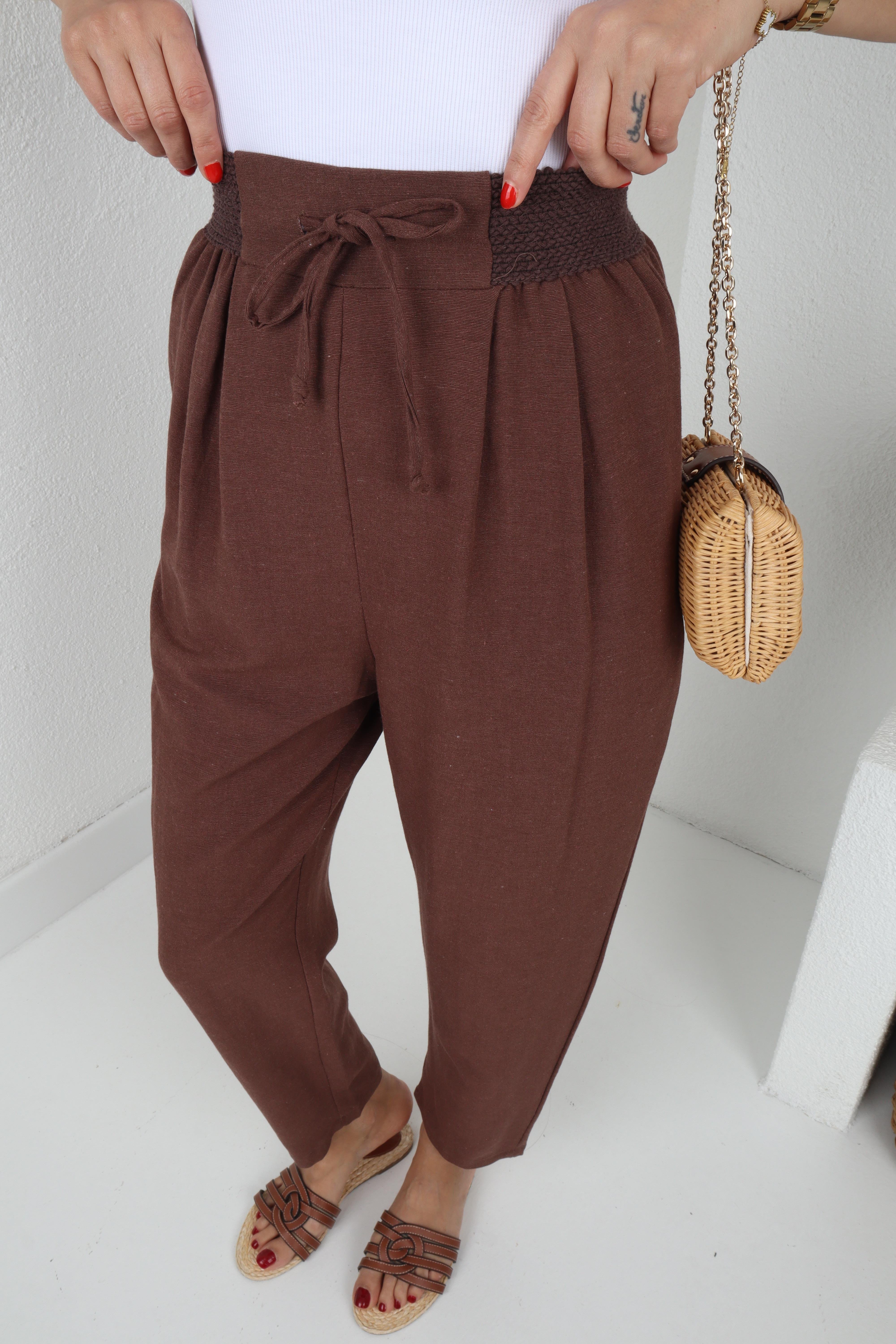 Geniş Lastik Detay Kahve Keten Pantolon PANTOLON