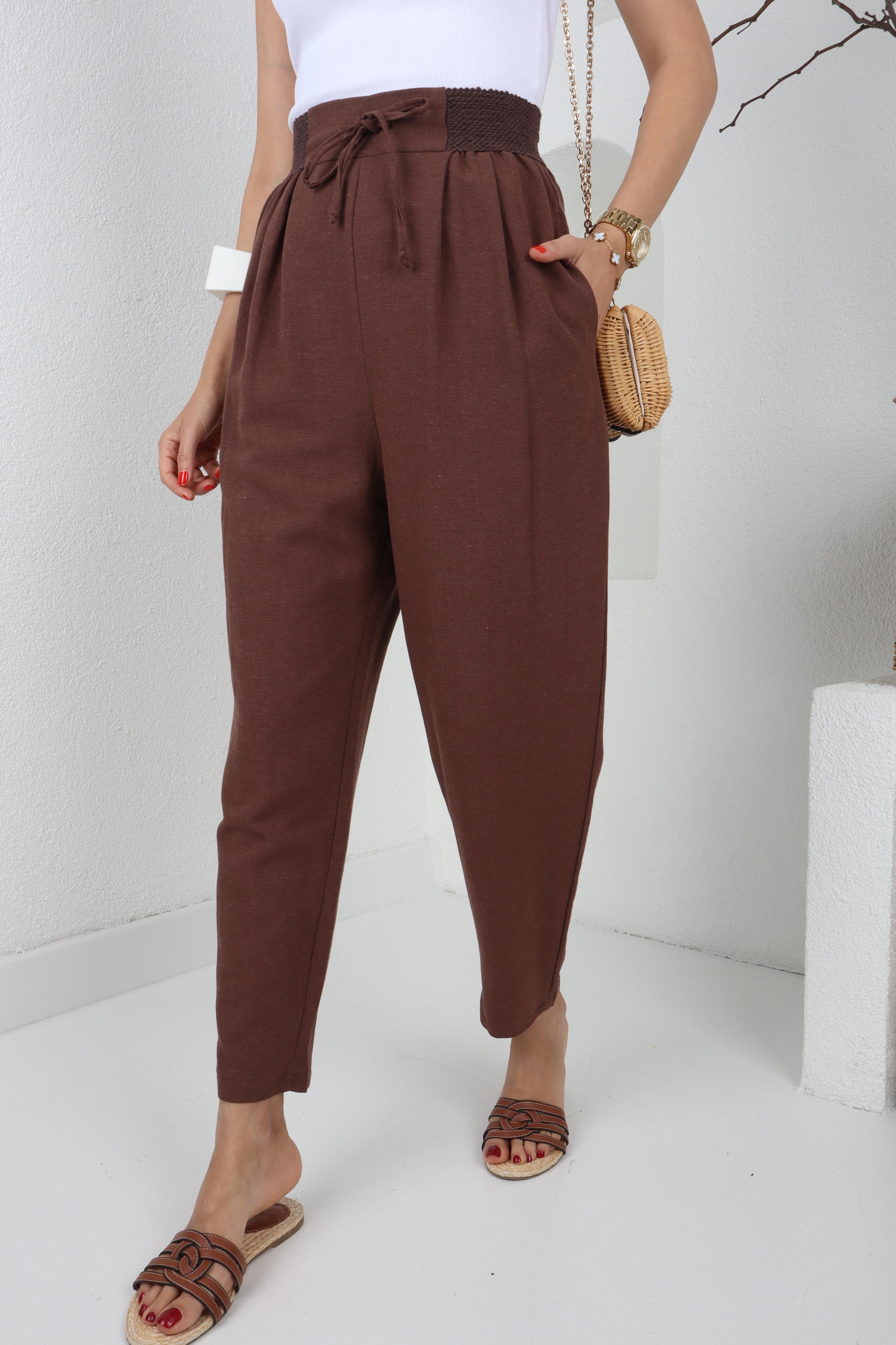Geniş Lastik Detay Kahve Keten Pantolon PANTOLON