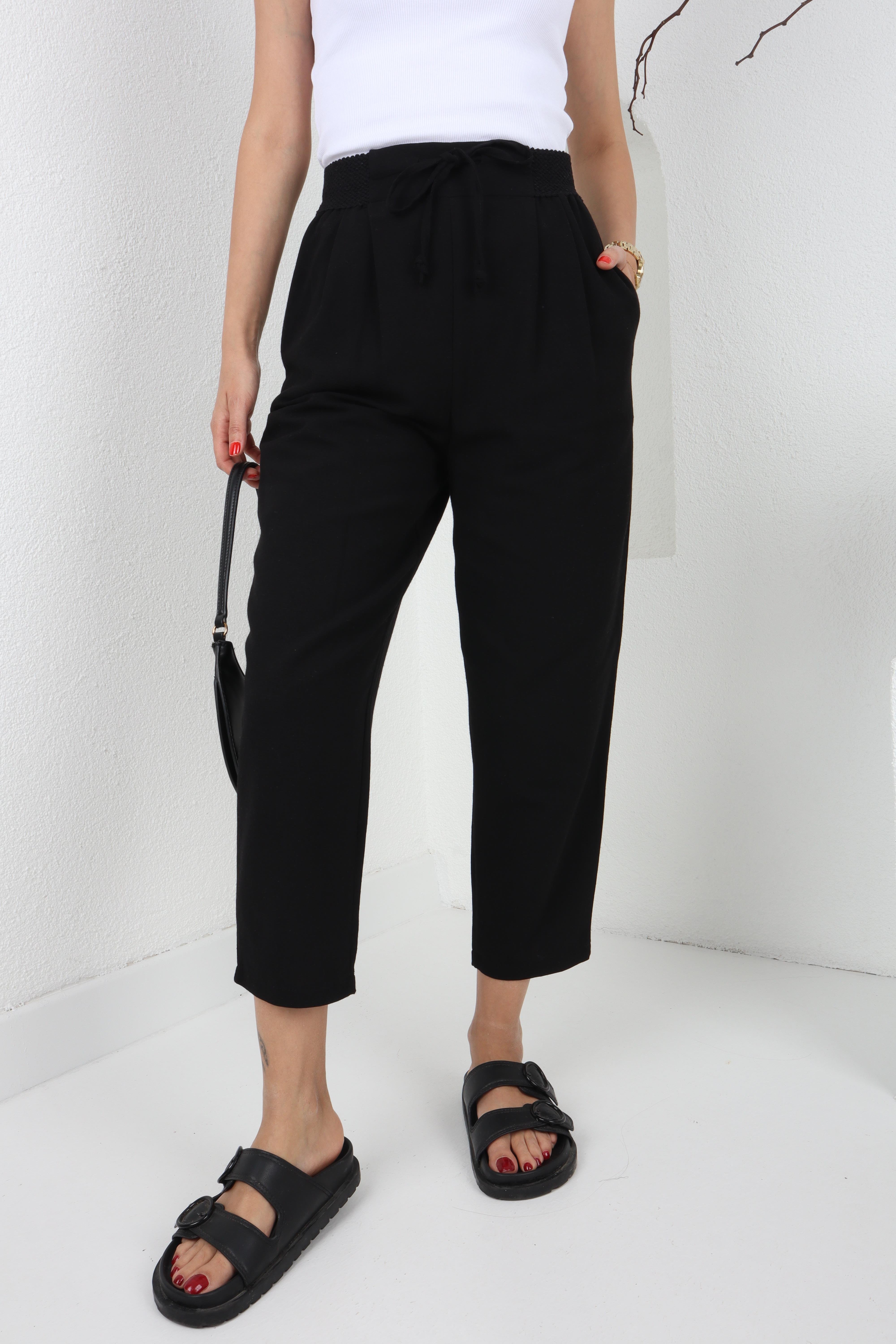 Geniş Lastik Detay Siyah Keten Pantolon PANTOLON