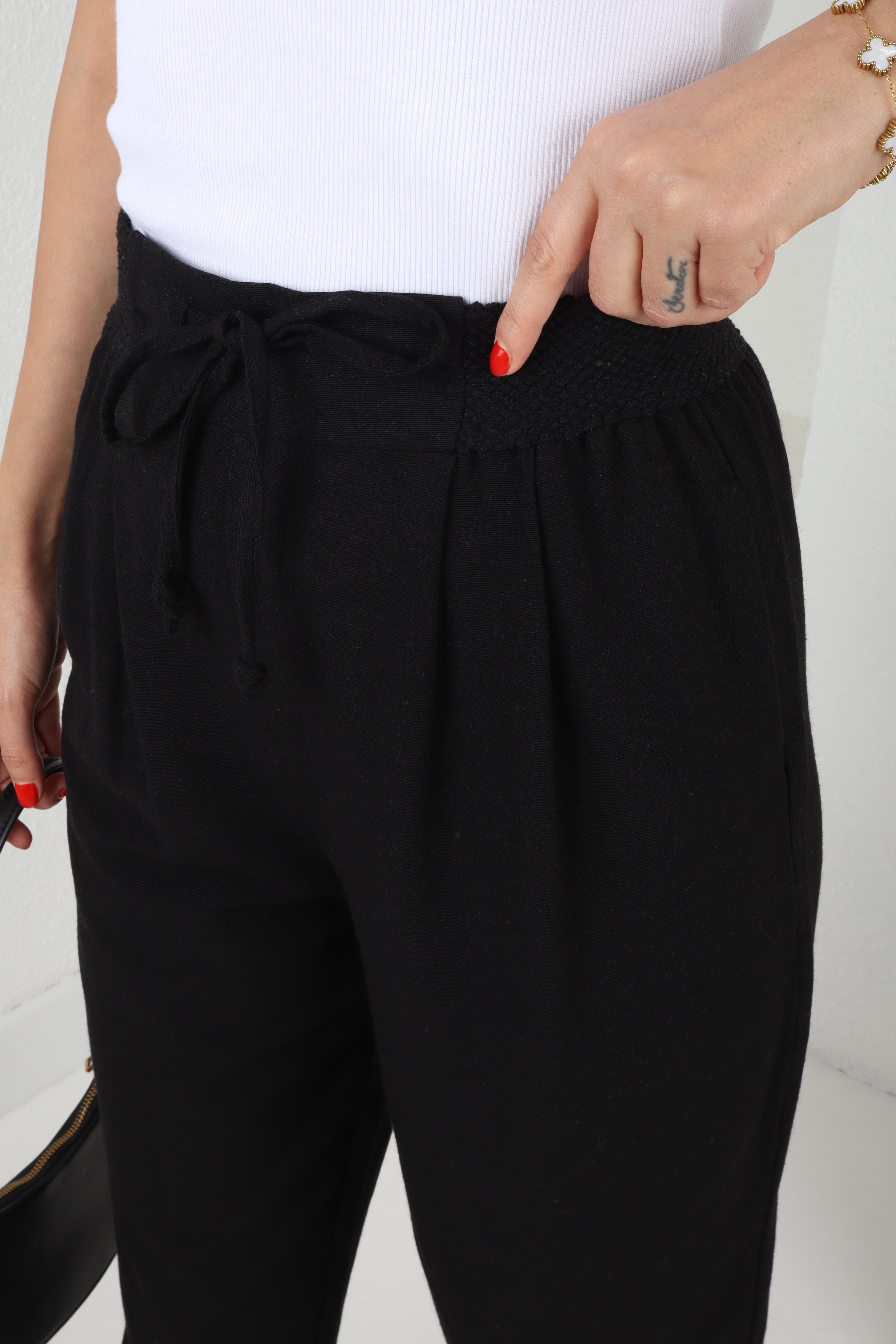 Geniş Lastik Detay Siyah Keten Pantolon PANTOLON