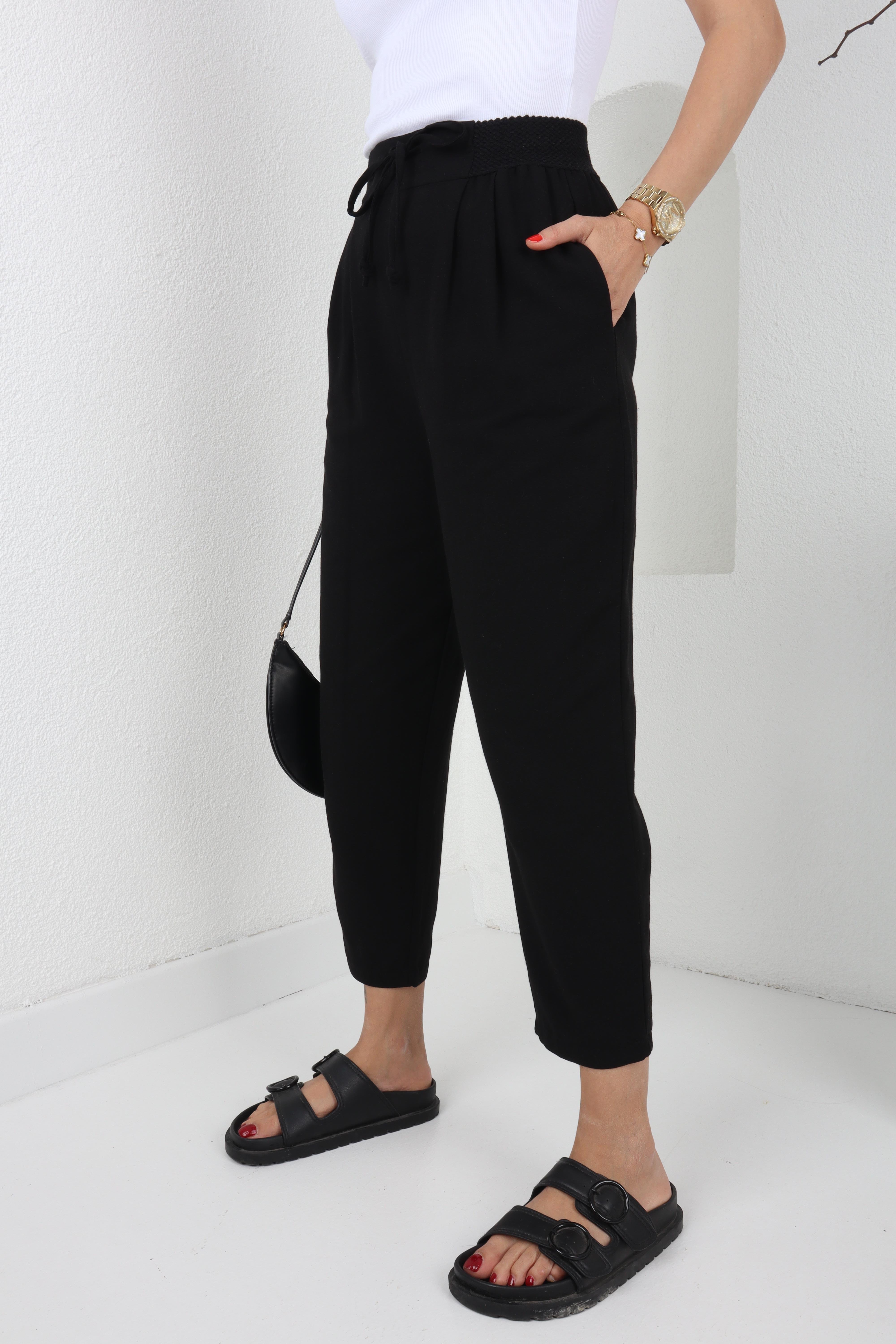 Geniş Lastik Detay Siyah Keten Pantolon PANTOLON