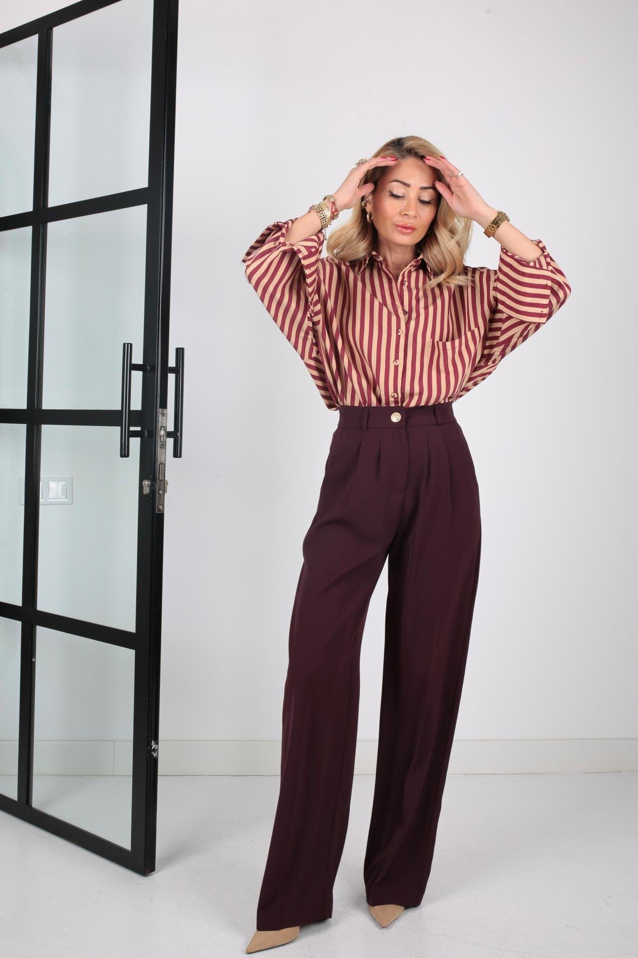 Geniş Manşetli Bordo Çizgili Oversize Gömlek GÖMLEK