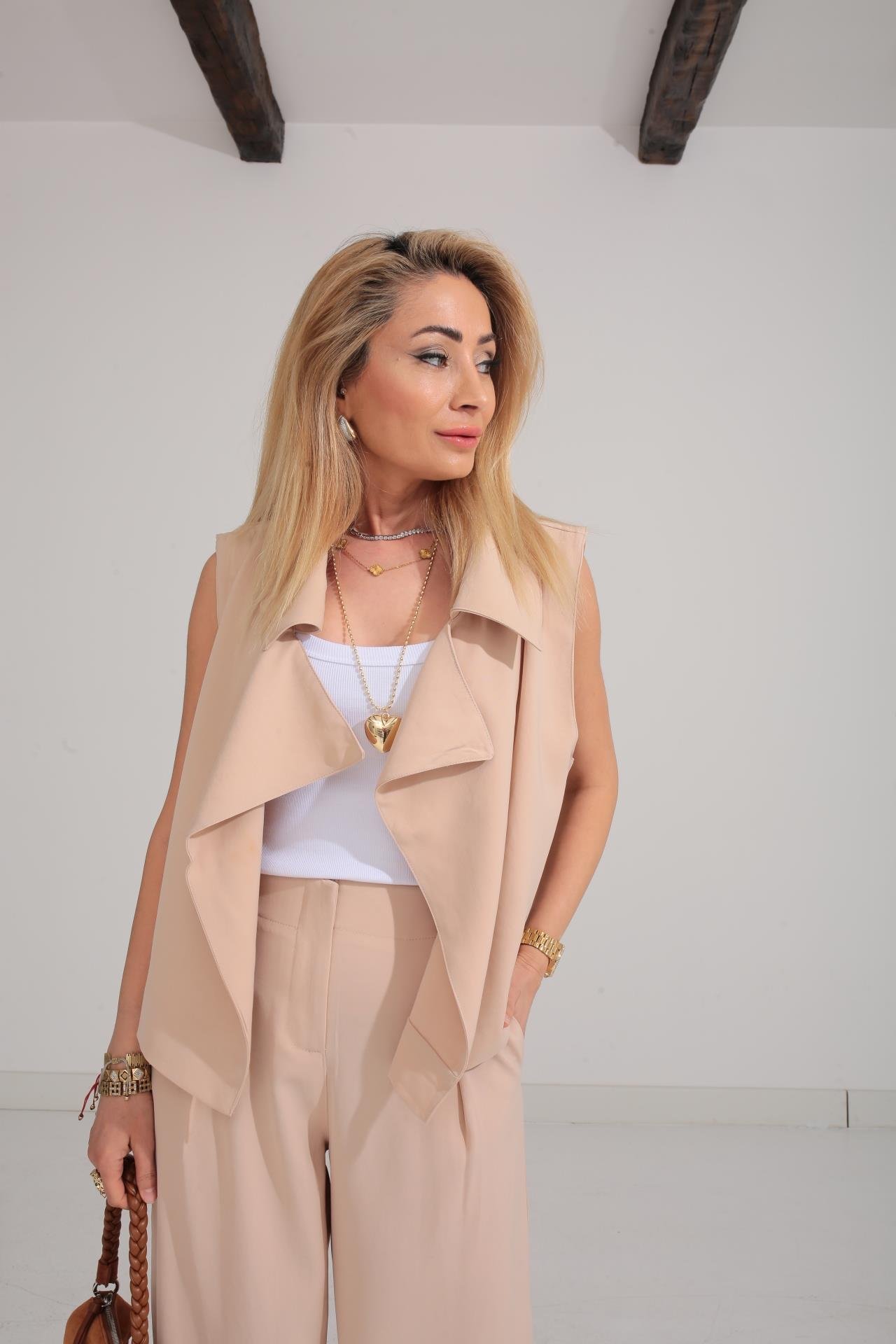 Geniş Yaka Camel Yelek Pantolon TAKIM