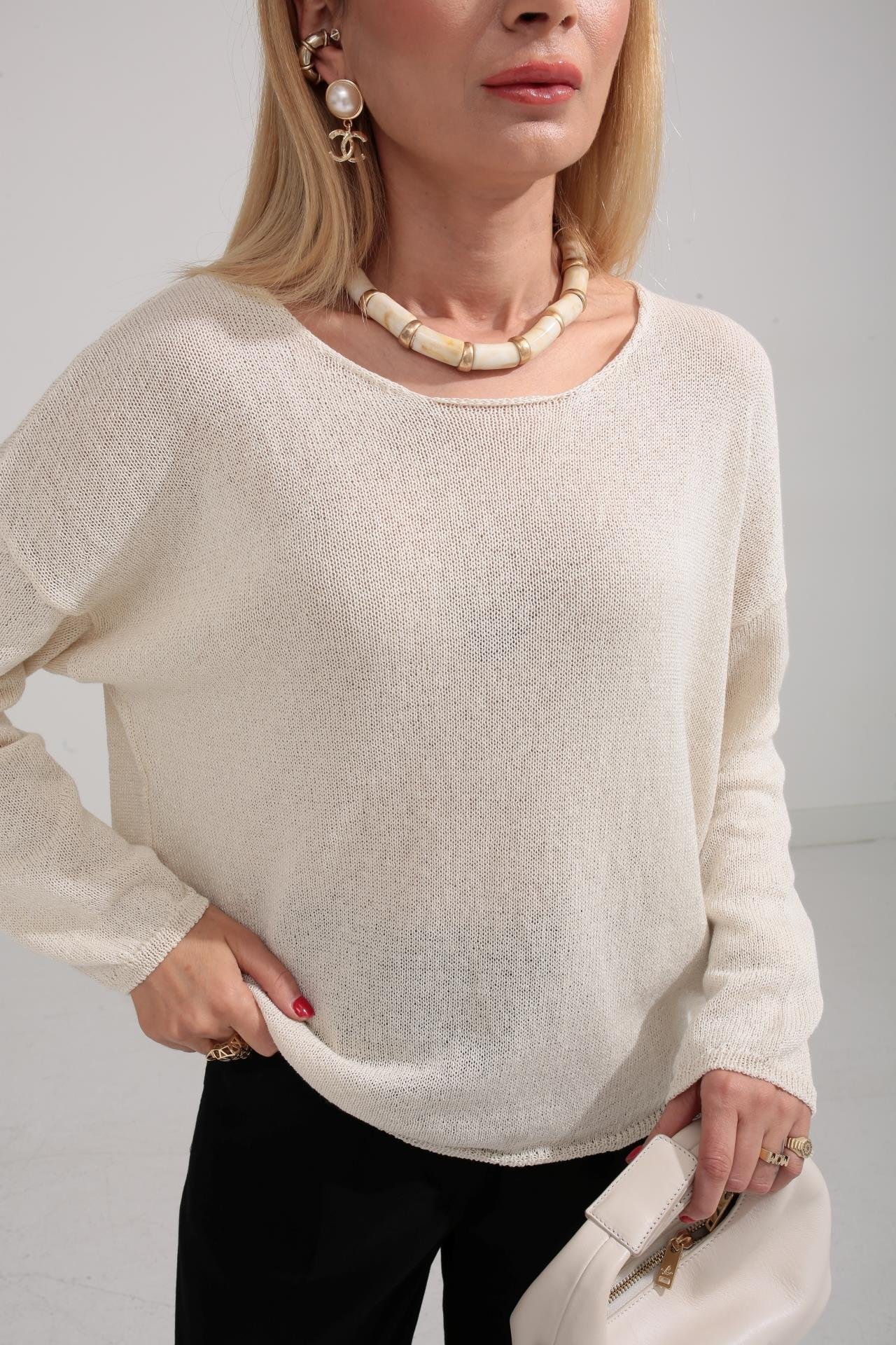 Geniş Yaka Ekru Mevsimlik Triko TRİKO VE KAZAK | NO33