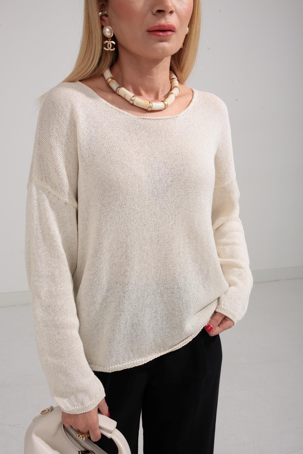 Geniş Yaka Ekru Mevsimlik Triko TRİKO VE KAZAK | NO33