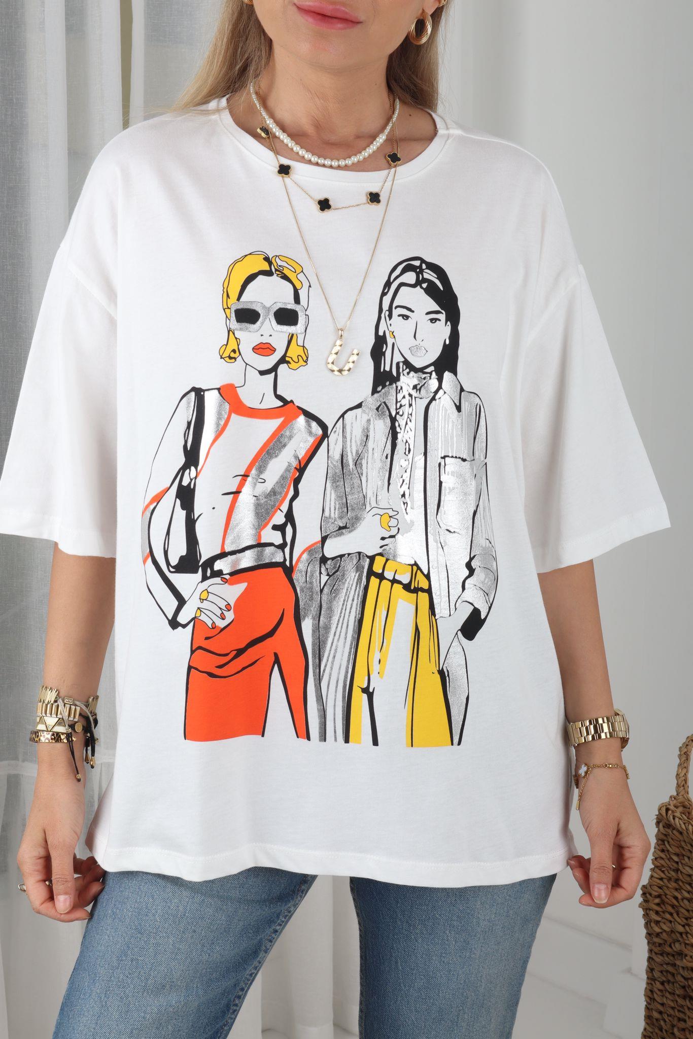 Geniş Yaka Silver Kadın Baskılı Tshirt T-SHİRT