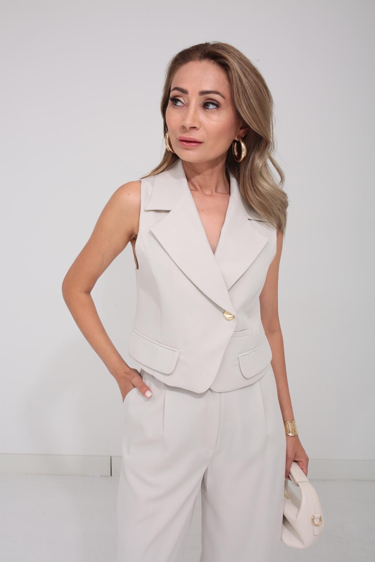 Geniş Yaka Taş Crop Yelekli Takım TAKIM | NO33