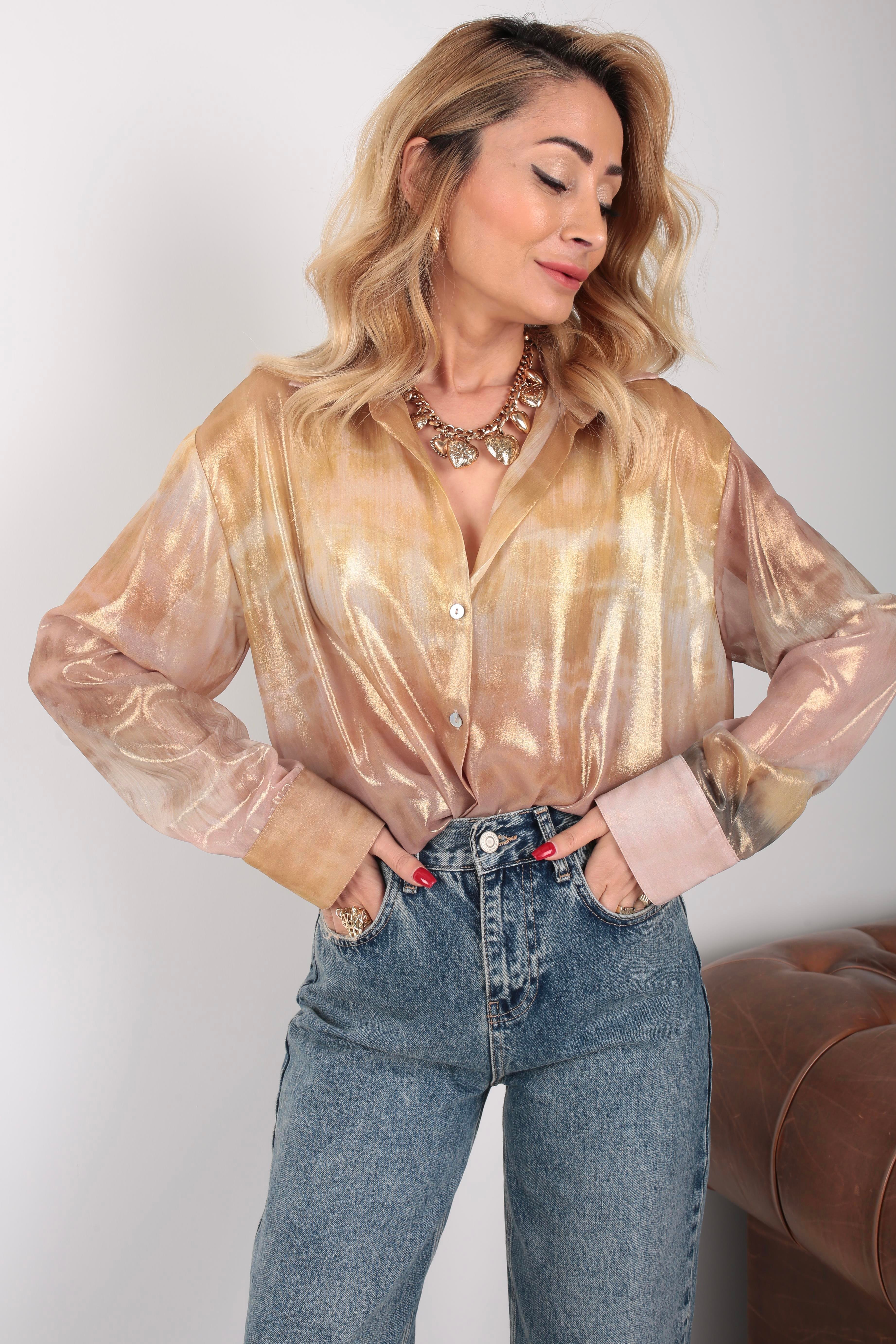 Gold Batik Desen Transparan Gömlek GÖMLEK