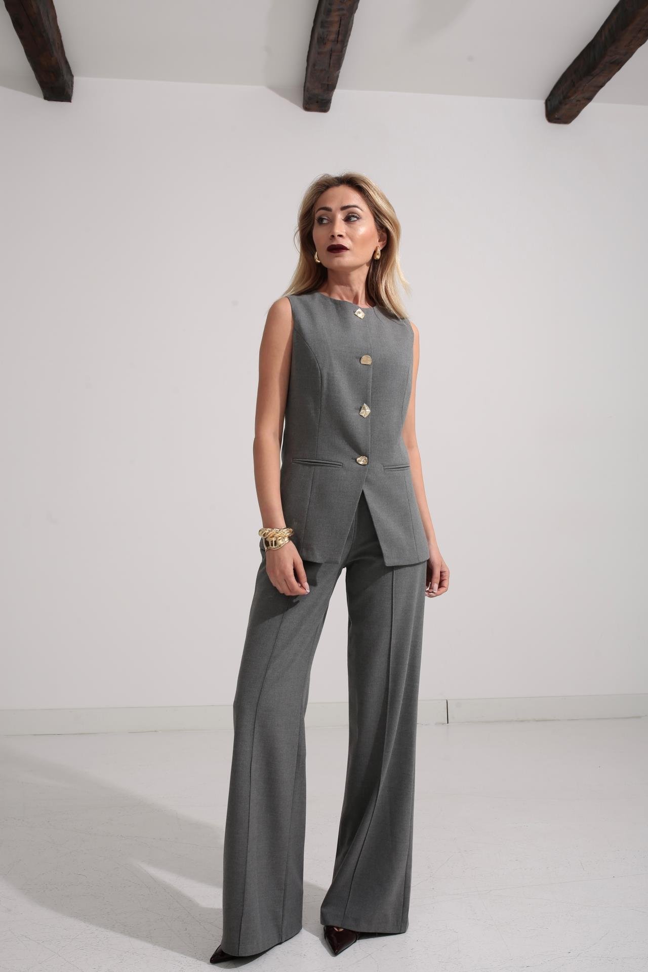 Gold Düğme Deta Gri Yelekli Takım TAKIM