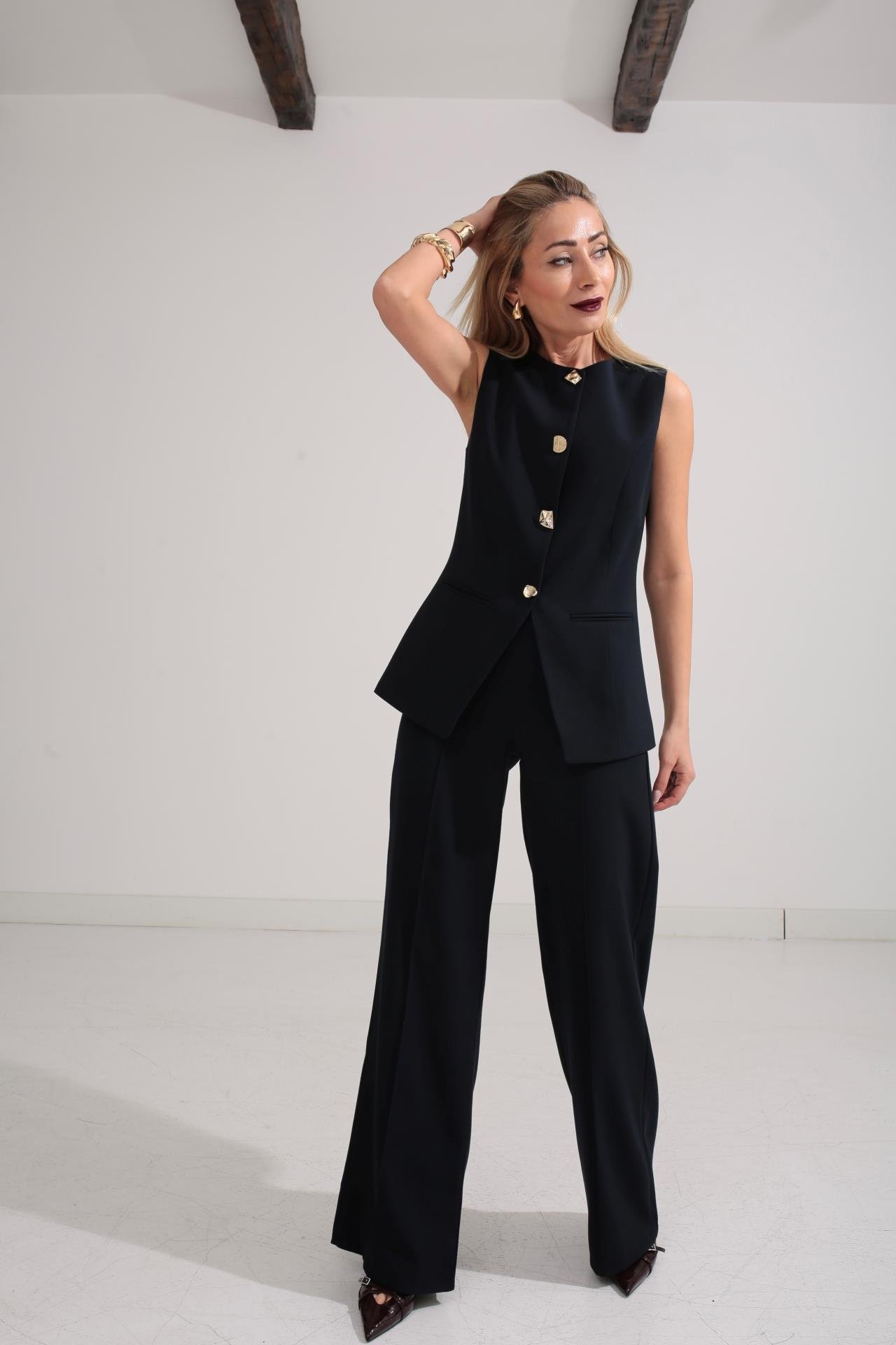 Gold Düğme Deta Lacivert Yelekli Takım TAKIM