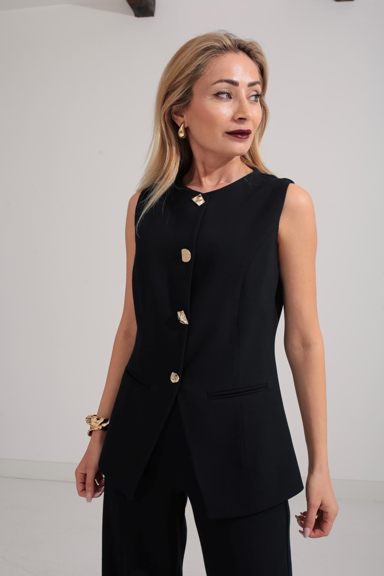 Gold Düğme Deta Lacivert Yelekli Takım TAKIM