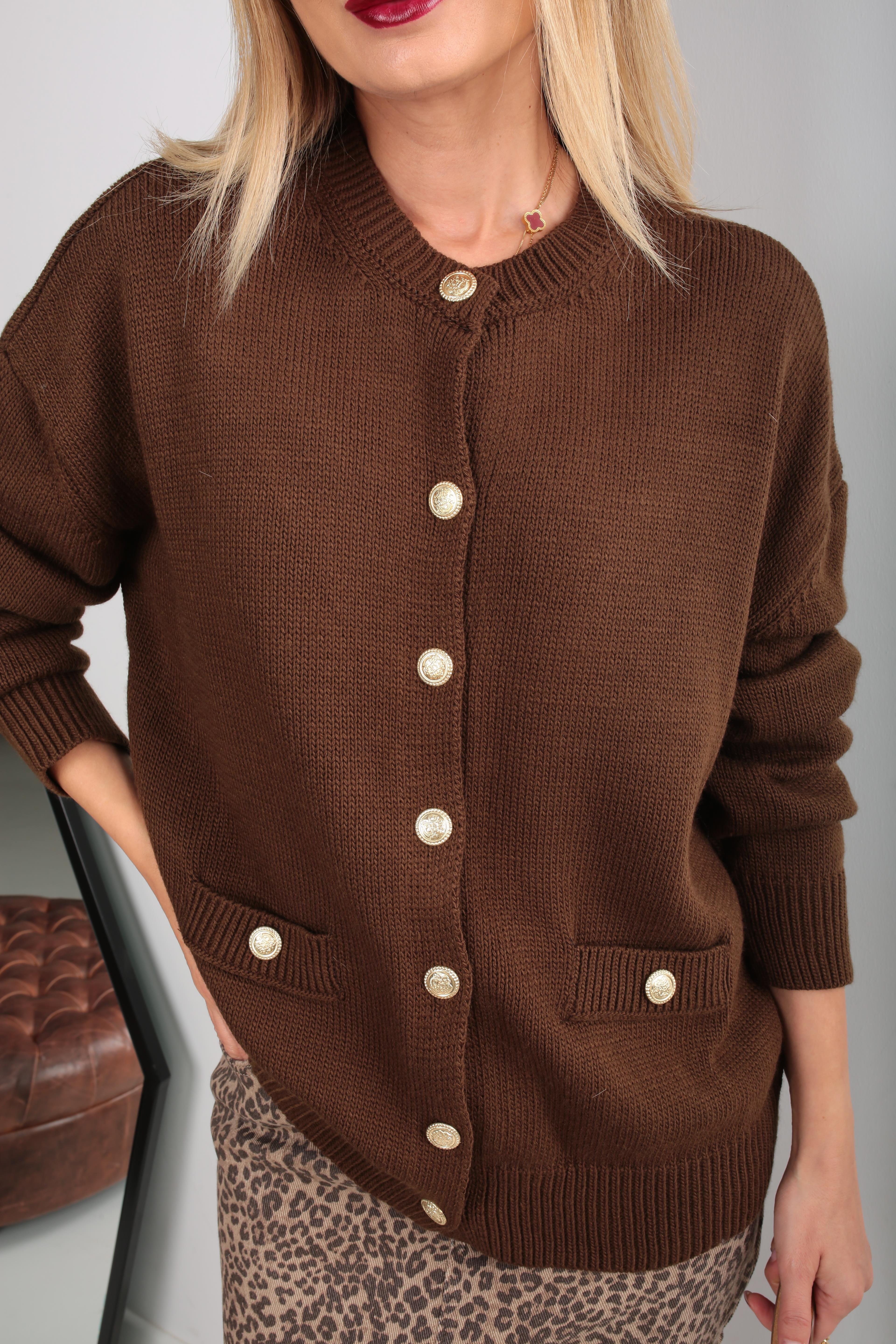 Gold Düğme Detay Kahve Hırka HIRKA