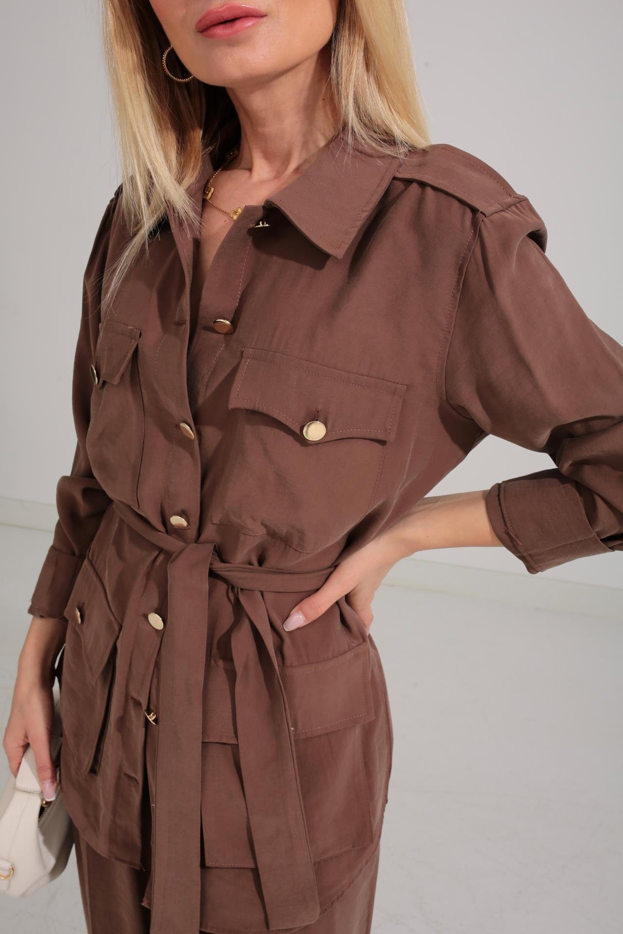 Gold Düğmeli Kahverengi Tensel Takım TAKIM