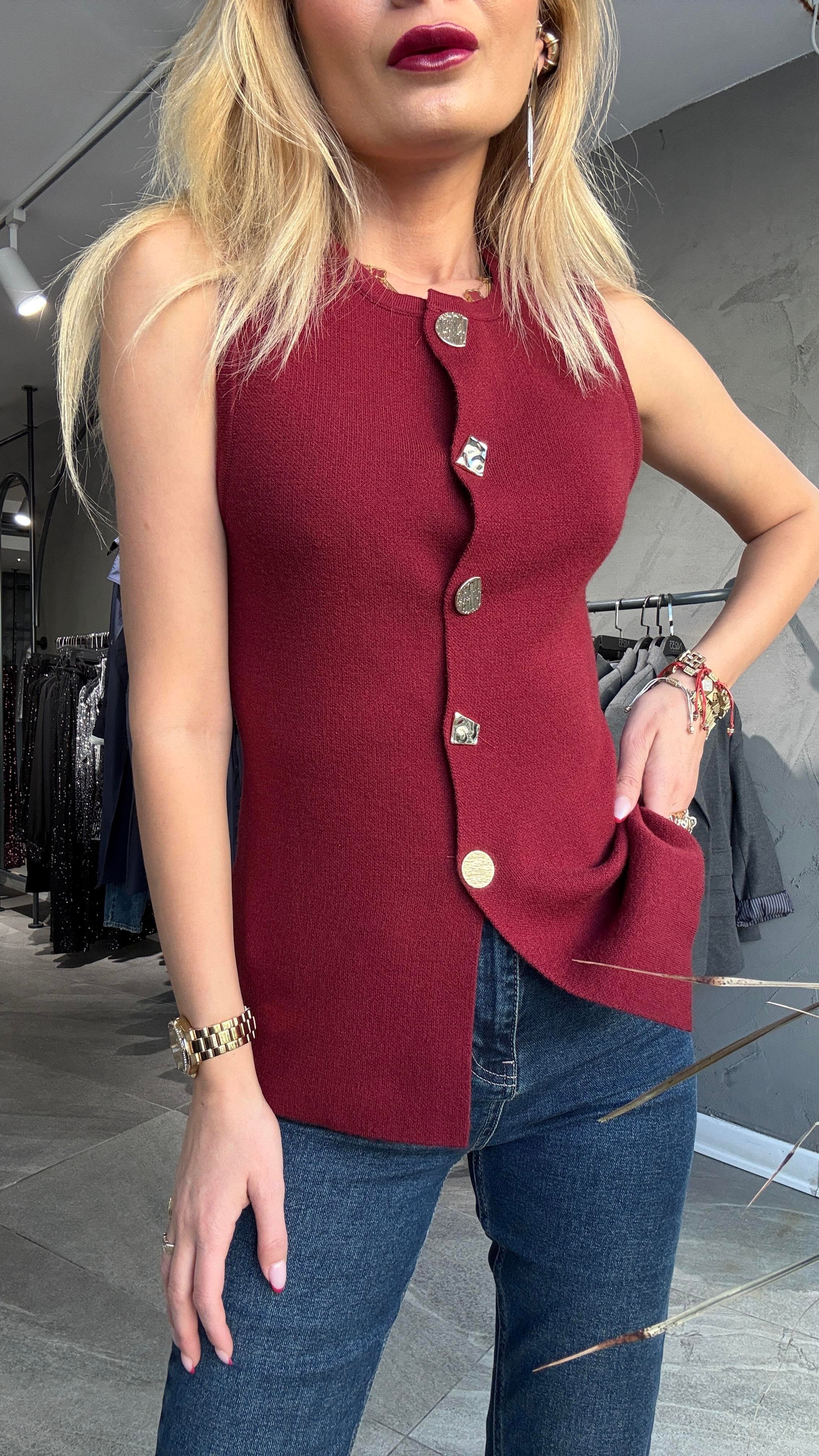 Gold Düğmeli Kolsuz Bordo Triko Yelek YELEK