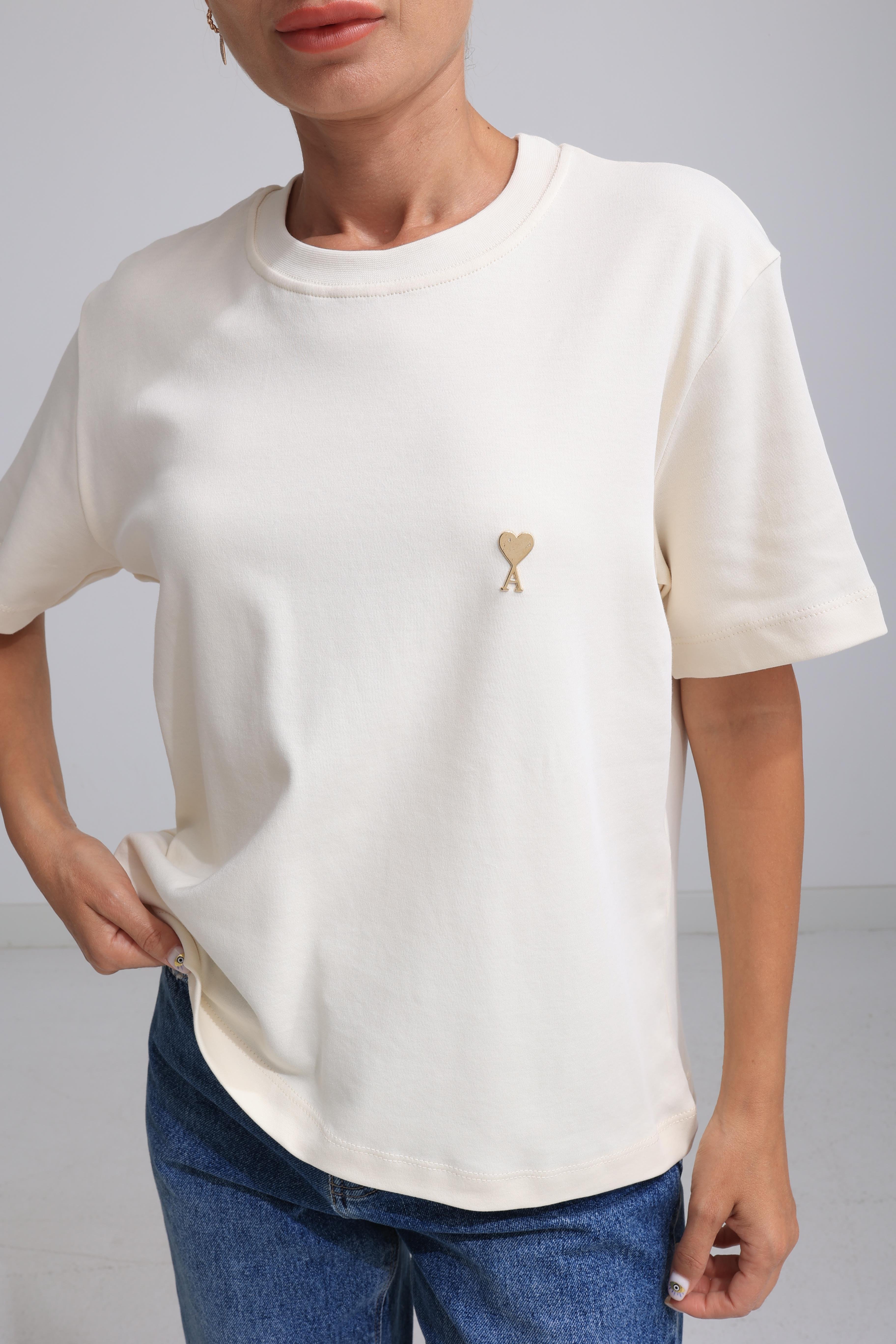 Gold Metal Kalp Zımbalı Krem Basic Tshirt T-SHİRT | NO33