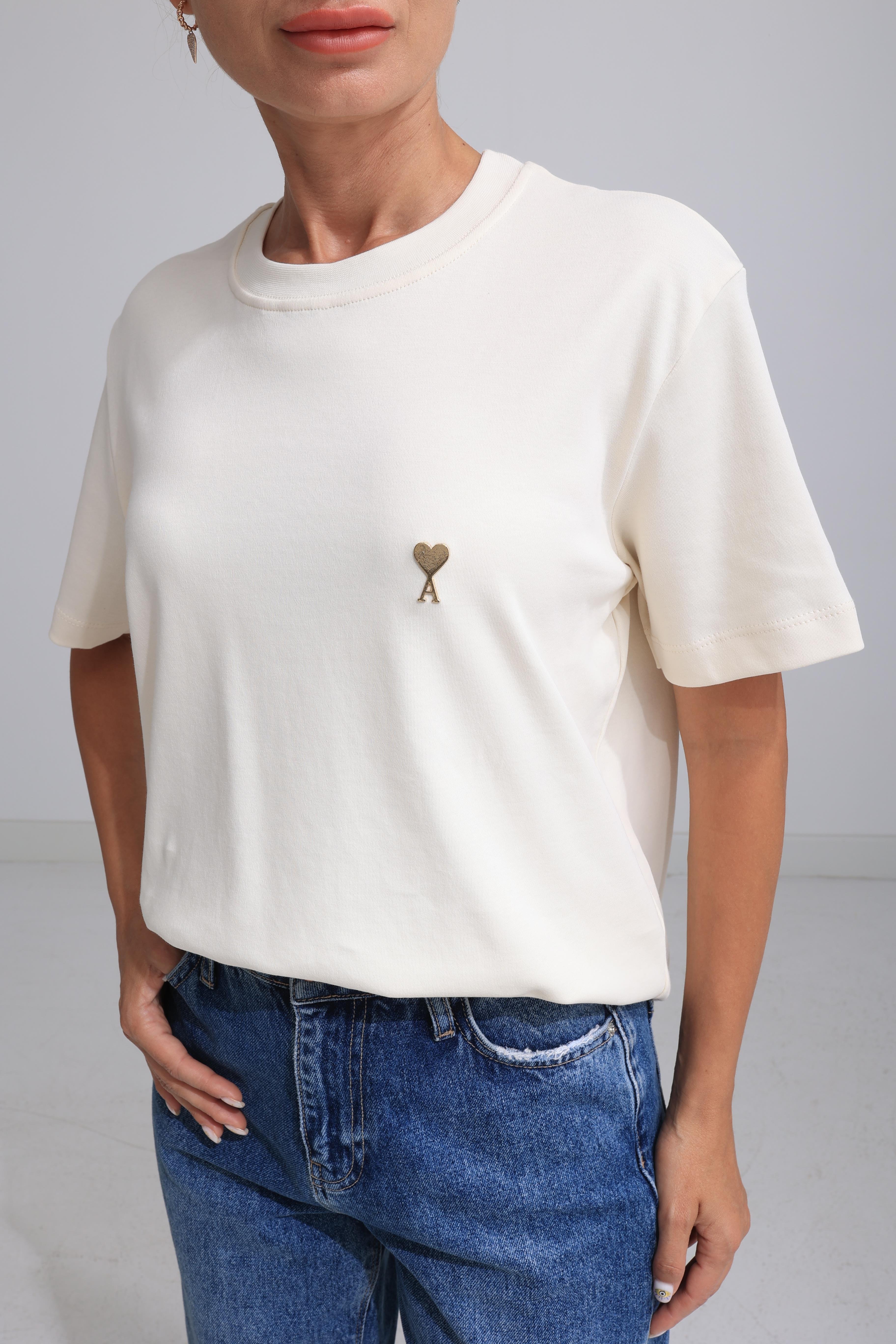 Gold Metal Kalp Zımbalı Krem Basic Tshirt T-SHİRT | NO33