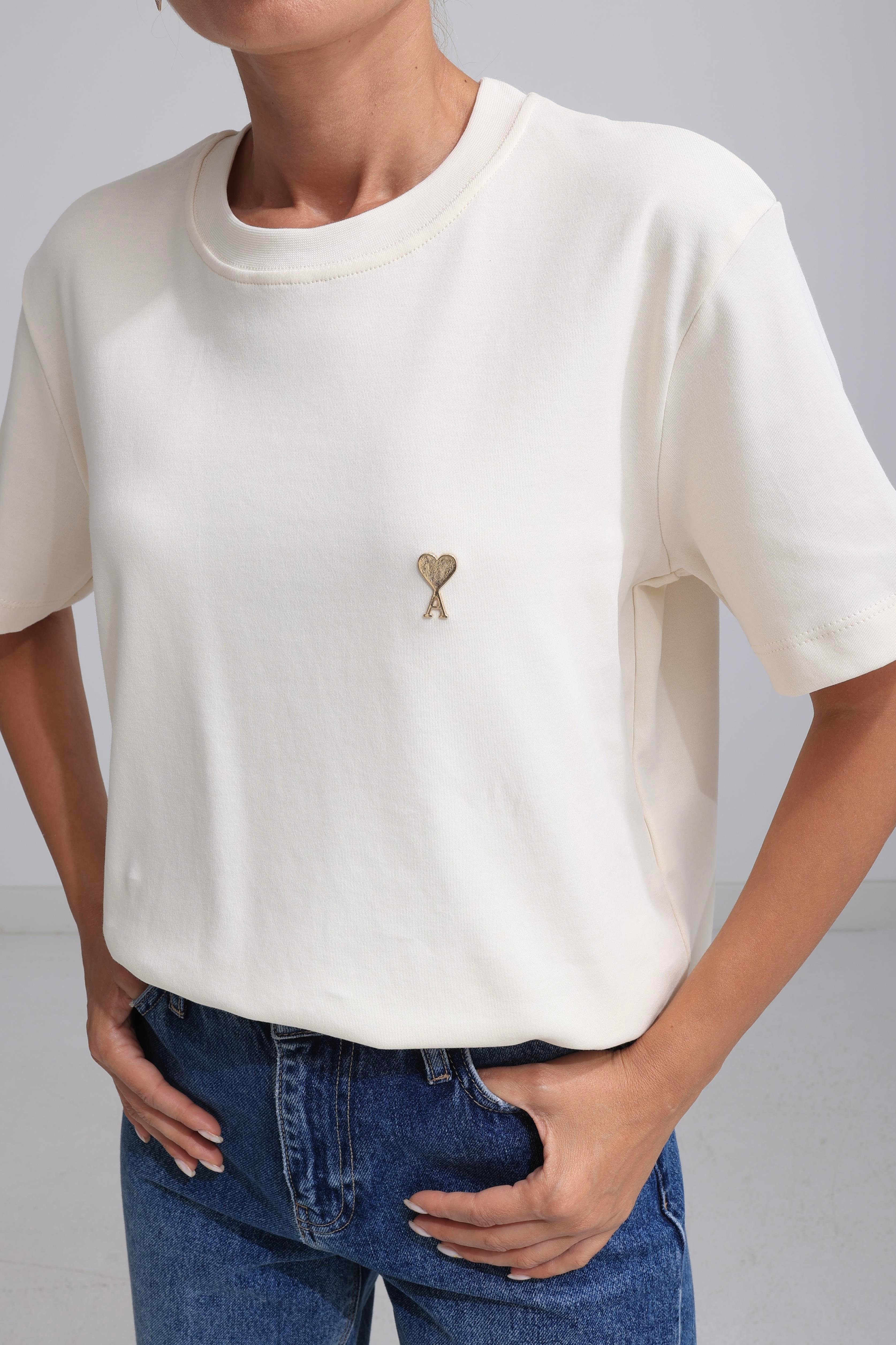Gold Metal Kalp Zımbalı Krem Basic Tshirt T-SHİRT | NO33