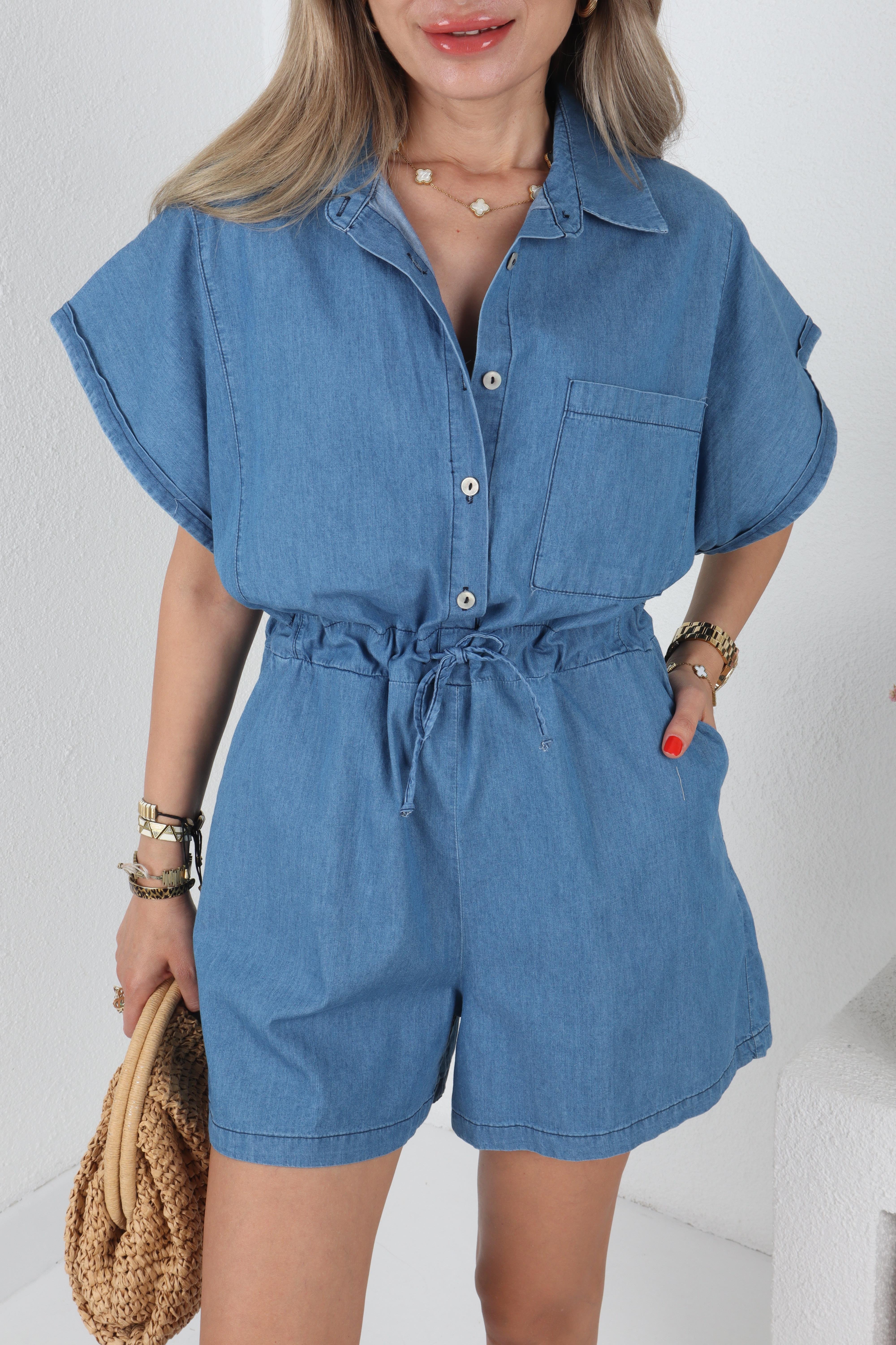 Gömlek Yaka Denim Şort Tulum TULUM