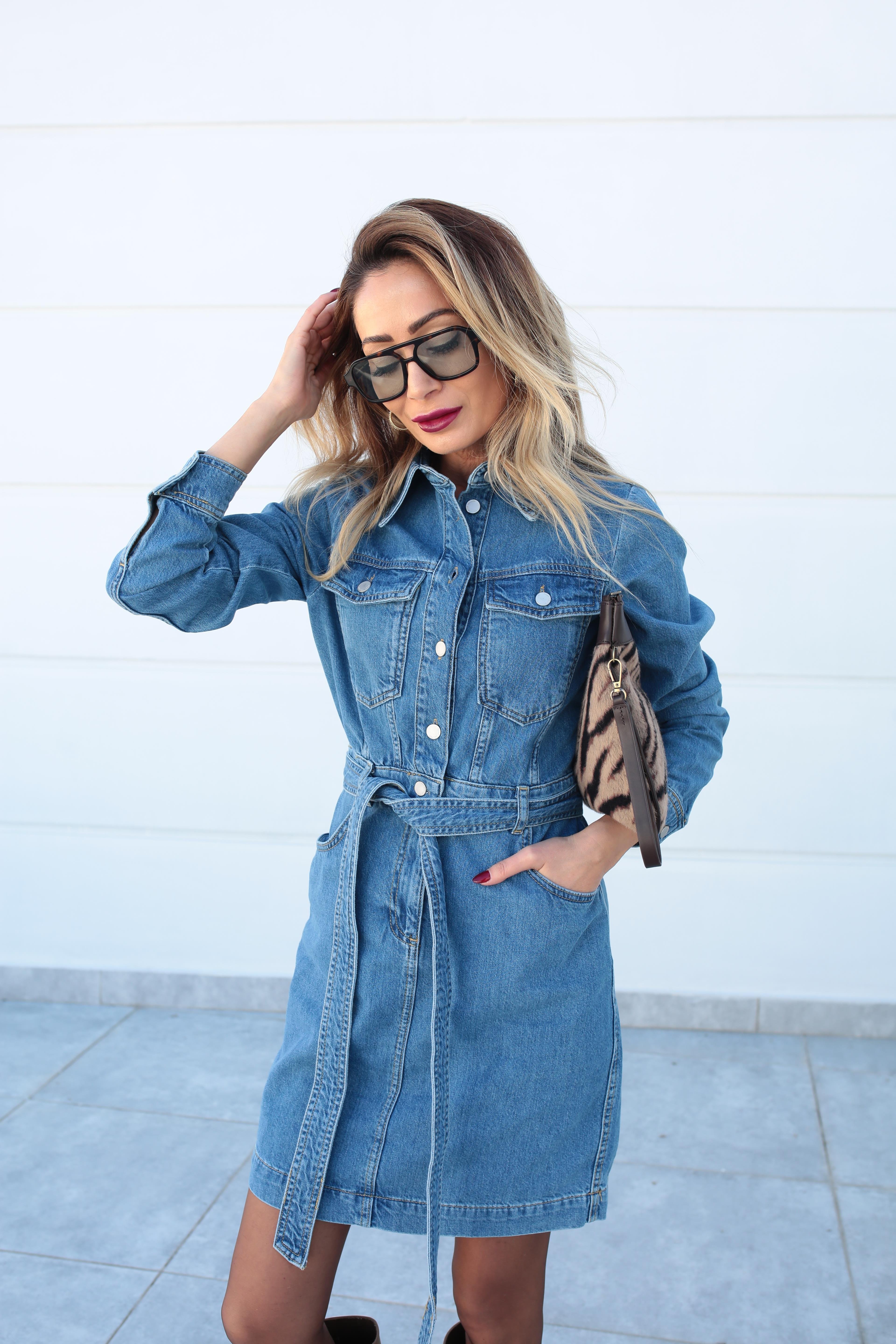 Gömlek Yaka Kemerli Denim Elbise ELBİSE