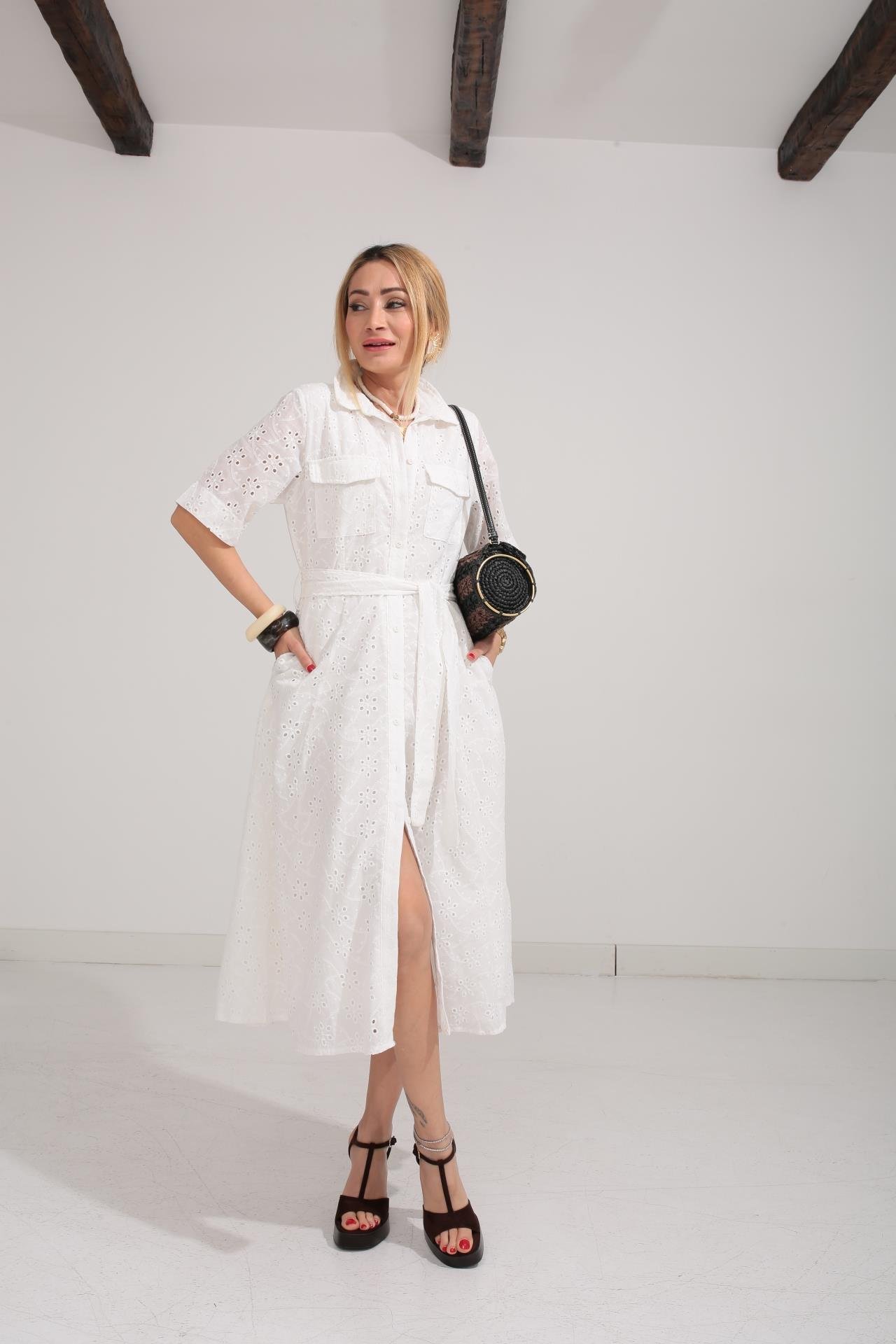 Gömlek Yaka Yarım Kollu Beyaz Fisto Elbise ELBİSE | NO33