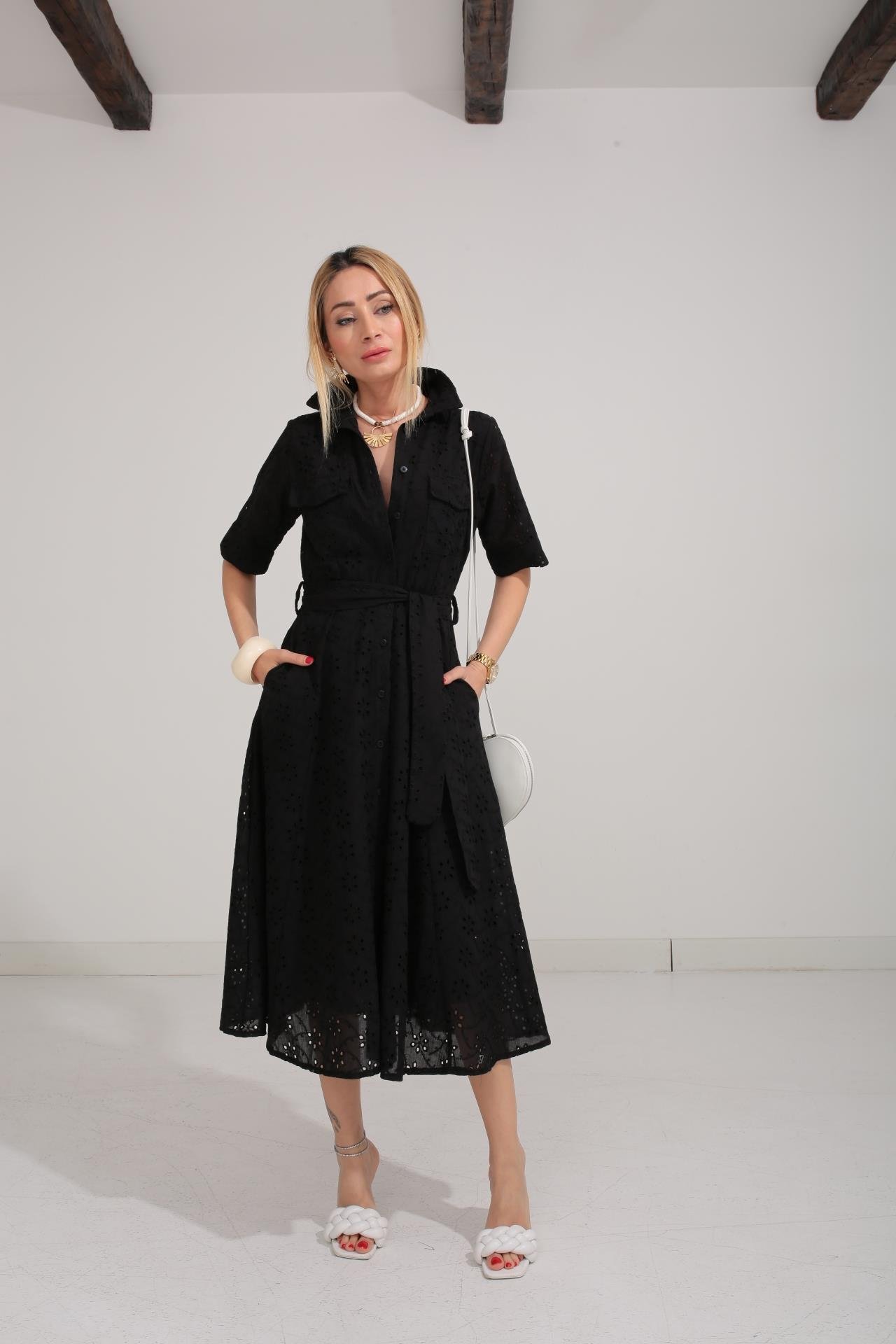 Gömlek Yaka Yarım Kollu Siyah Fisto Elbise ELBİSE | NO33