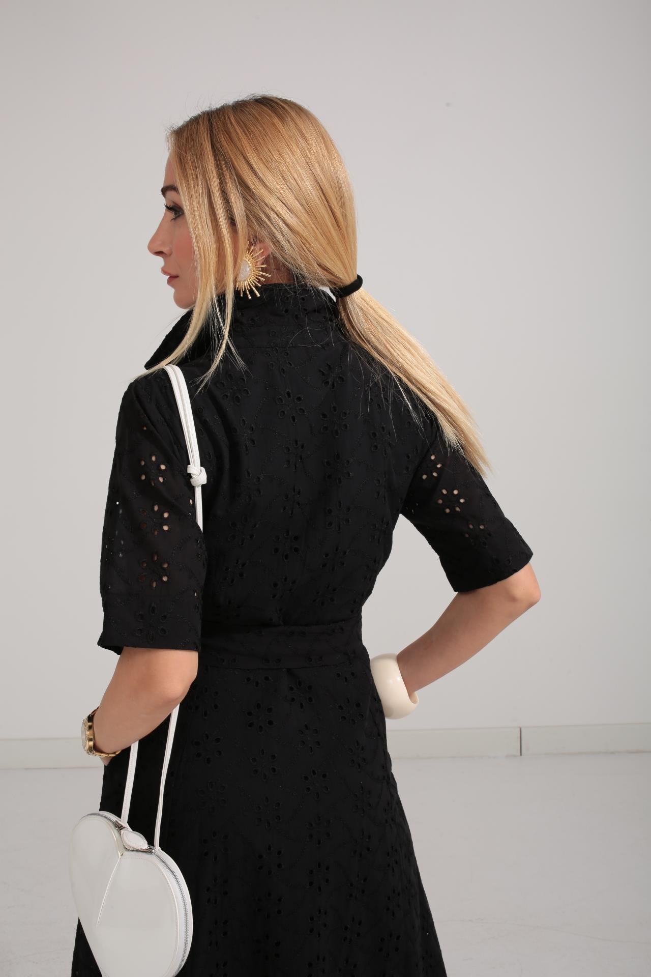 Gömlek Yaka Yarım Kollu Siyah Fisto Elbise ELBİSE | NO33