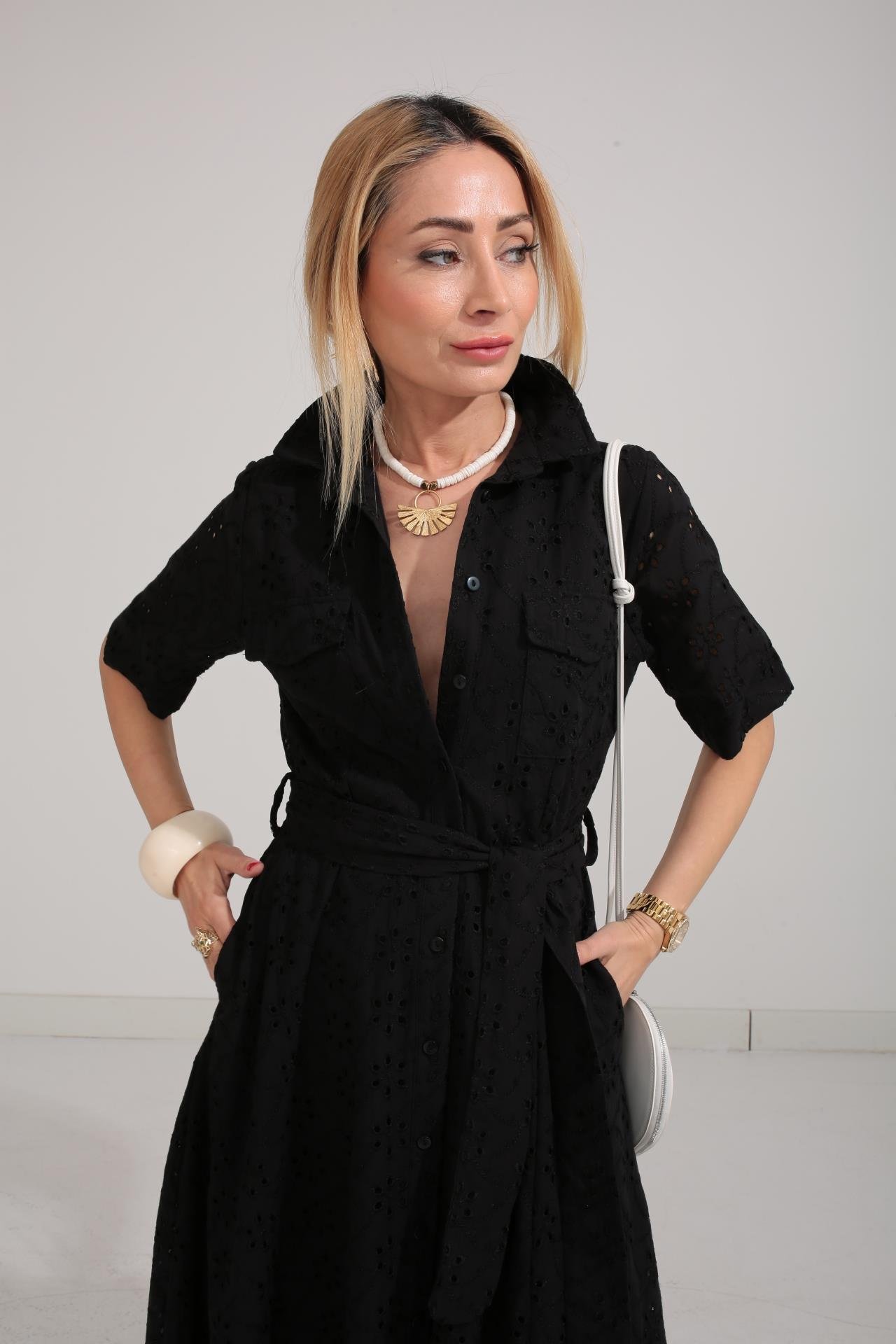 Gömlek Yaka Yarım Kollu Siyah Fisto Elbise ELBİSE | NO33