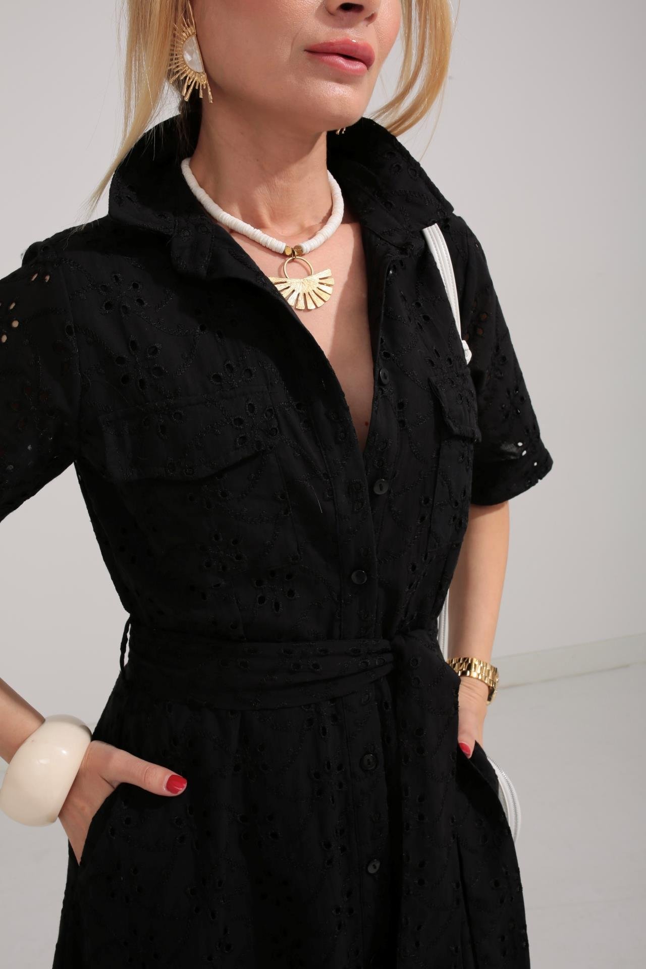 Gömlek Yaka Yarım Kollu Siyah Fisto Elbise ELBİSE | NO33