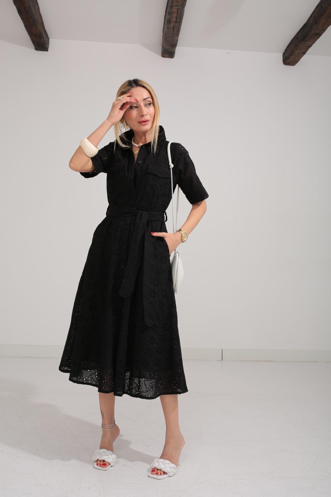 Gömlek Yaka Yarım Kollu Siyah Fisto Elbise ELBİSE | NO33