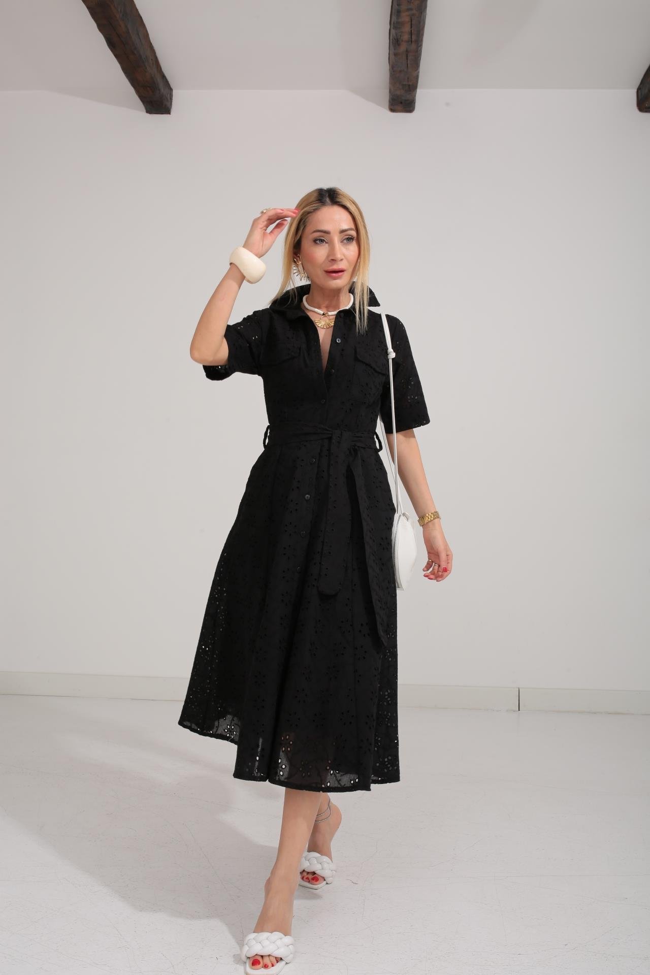 Gömlek Yaka Yarım Kollu Siyah Fisto Elbise ELBİSE | NO33