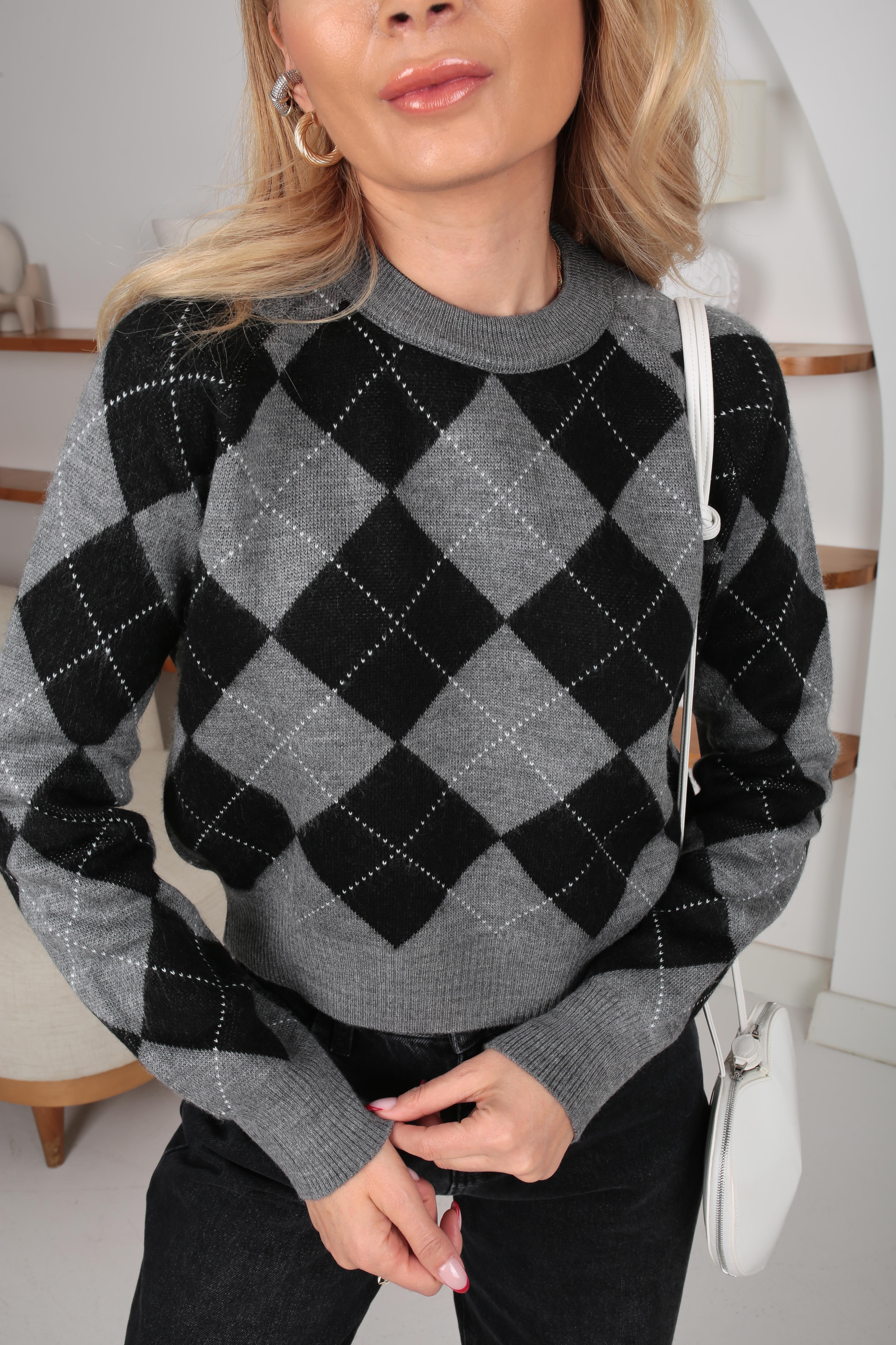 Gri Baklava Desen Triko Kazak TRİKO VE KAZAK