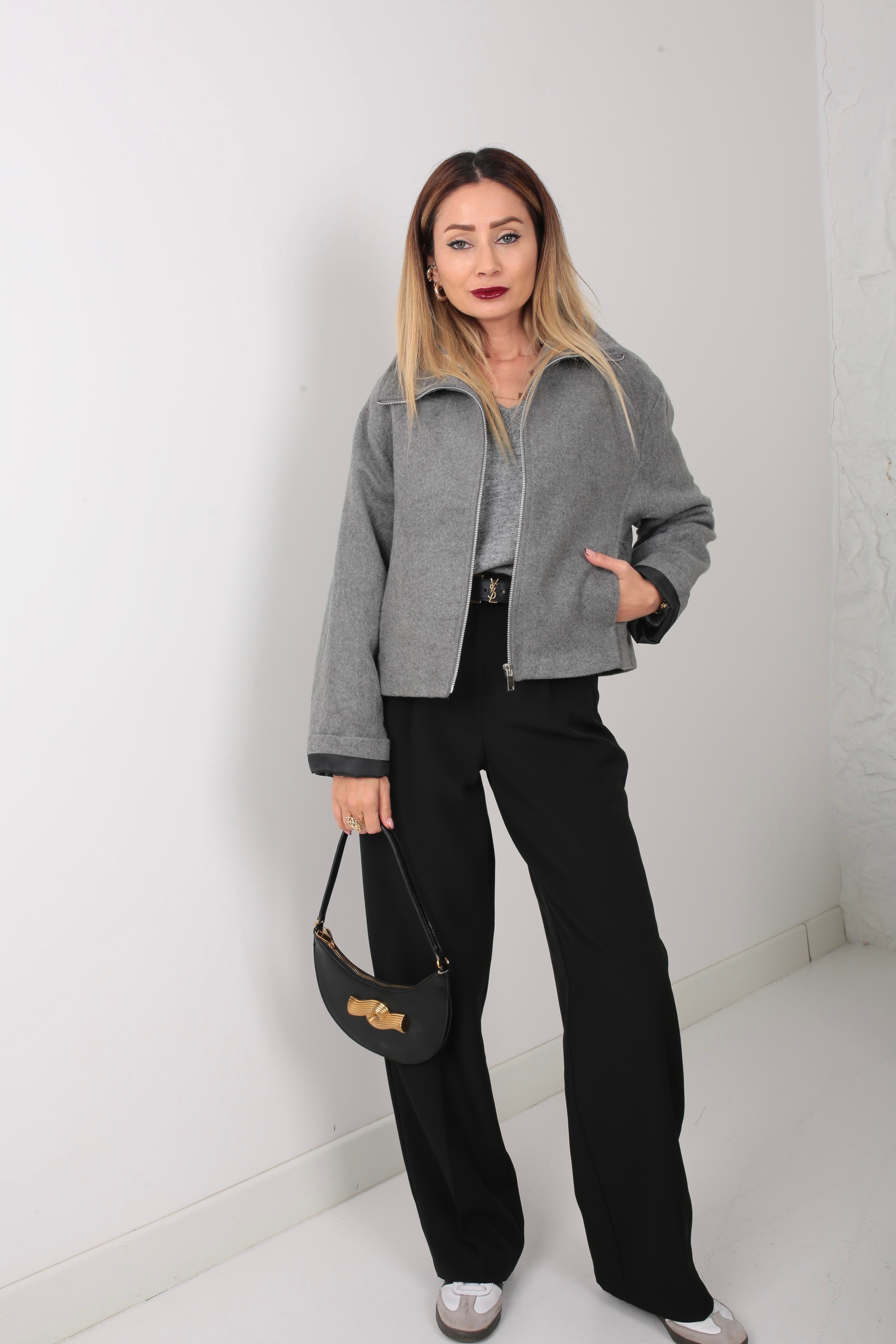 Gri Dik Yaka Fermuarlı Kısa Kaşe Ceket CEKET