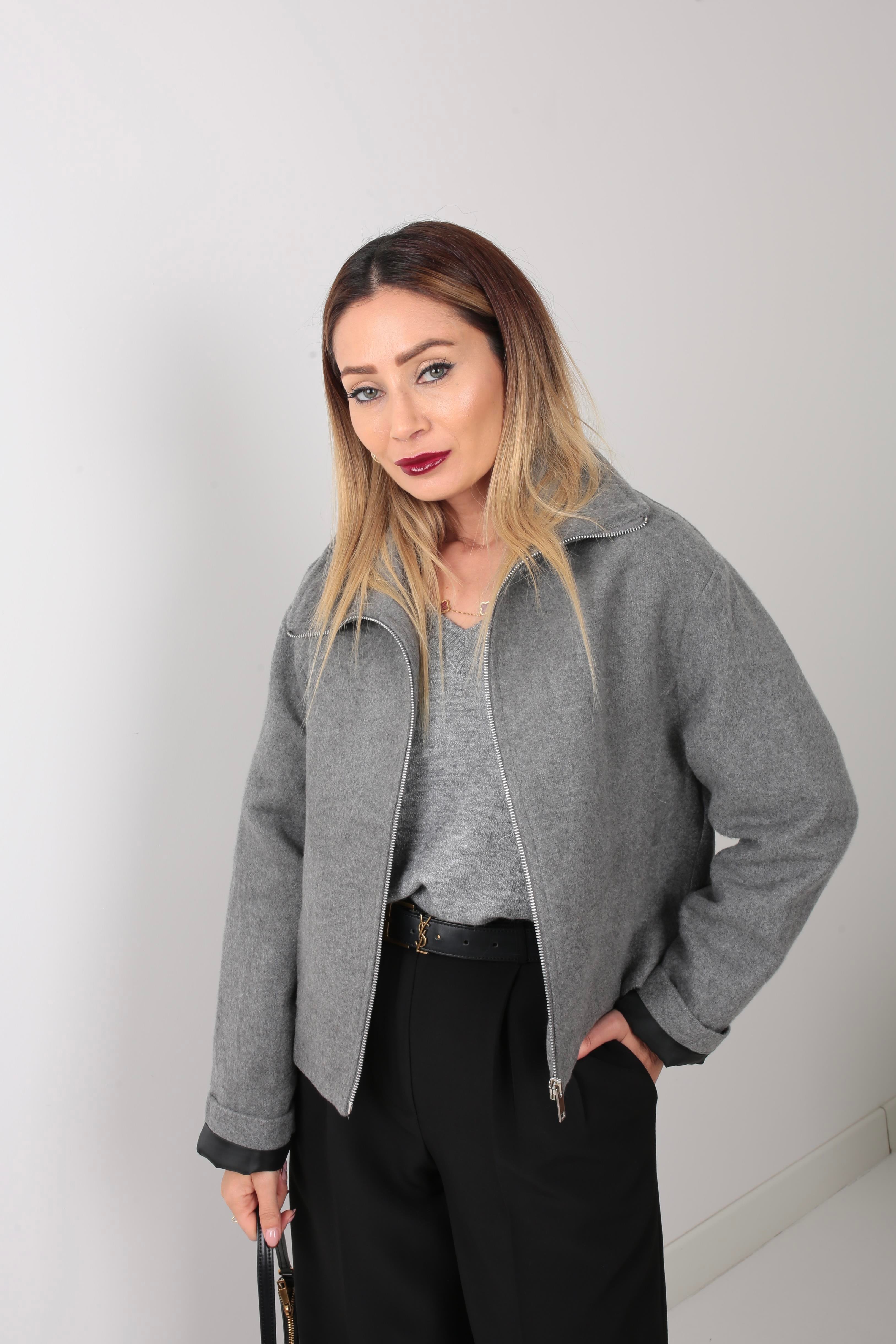 Gri Dik Yaka Fermuarlı Kısa Kaşe Ceket CEKET