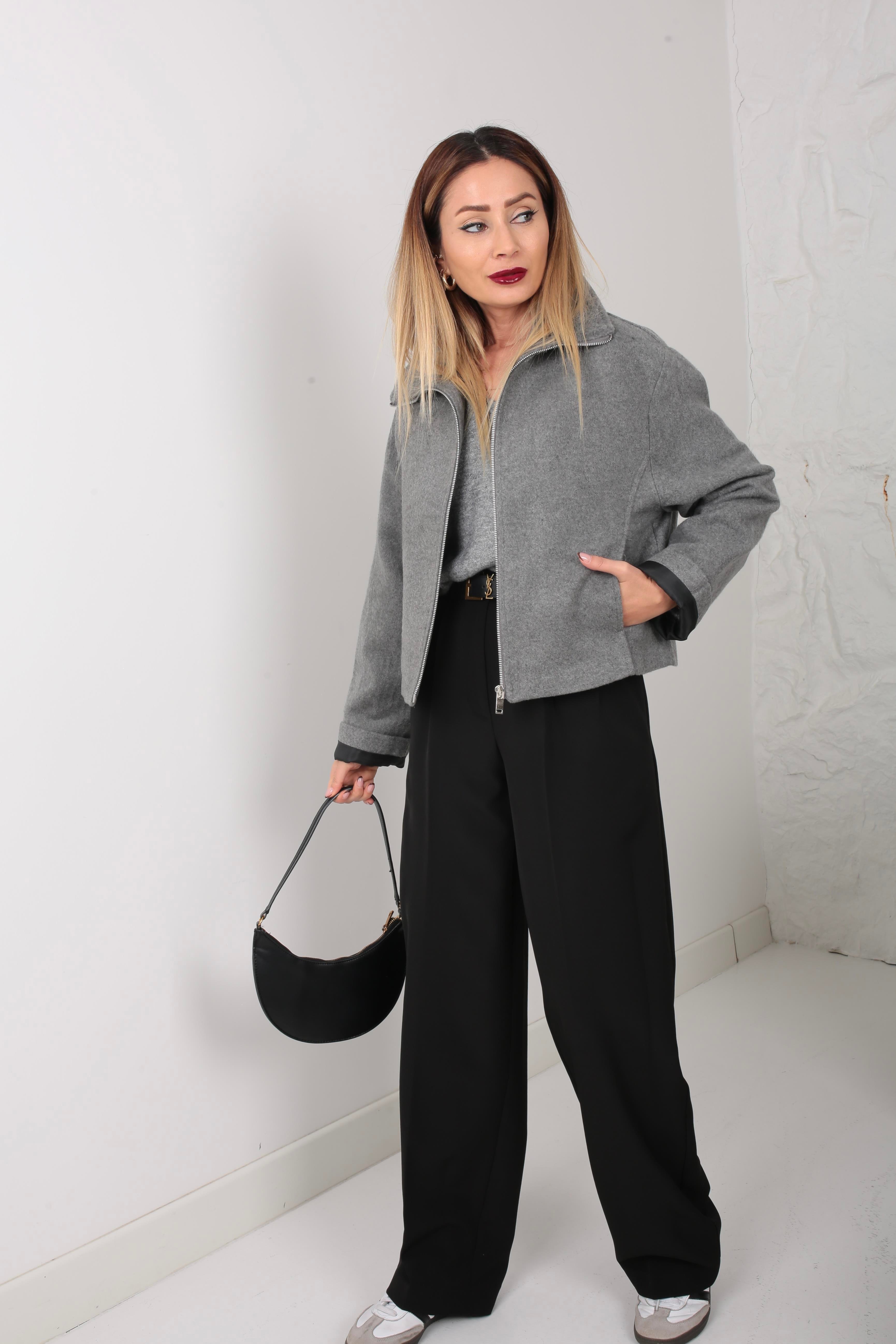 Gri Dik Yaka Fermuarlı Kısa Kaşe Ceket CEKET